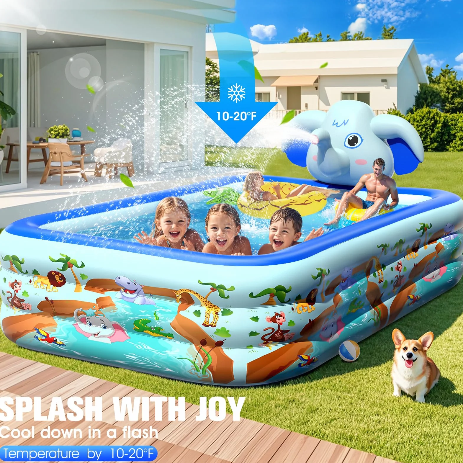 LanBlu Piscina Hinchable Adultos con Aspersor, Elefante Piscinas Hinchables Rectangular, Piscinas Hinchables Grandes de 0.6mm de Grosor, 252×183×56CM Piscina Hinchable Infantil para Terraza Jardín