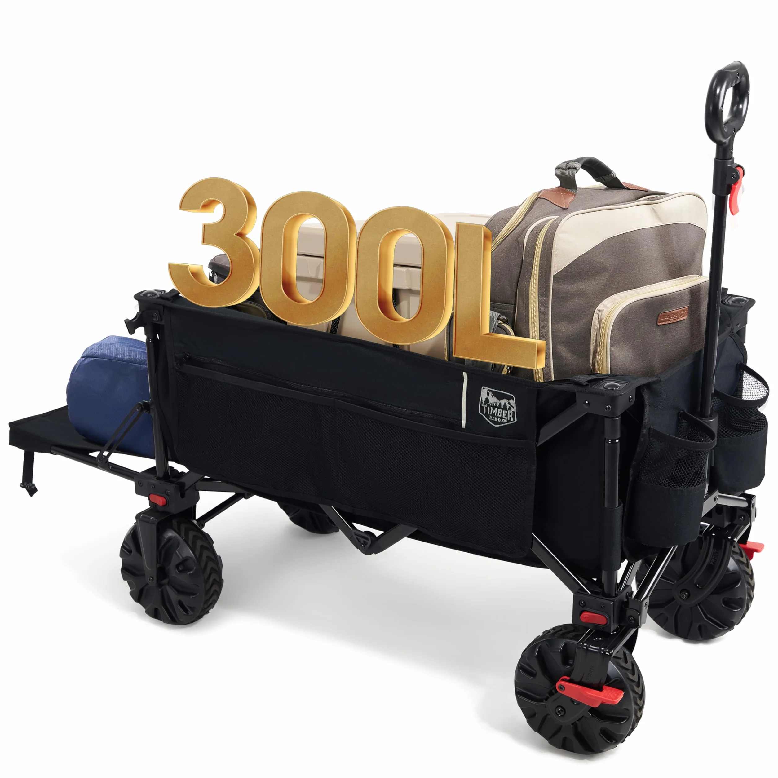 TIMBER RIDGE Carro de Playa Plegable XXXL con Portón Trasero 135 kg Carro Plegable Resistente con Ruedas Anchas Desmontables y asa Ajustable para Acampar al Aire Libre Jardín Compras Negro