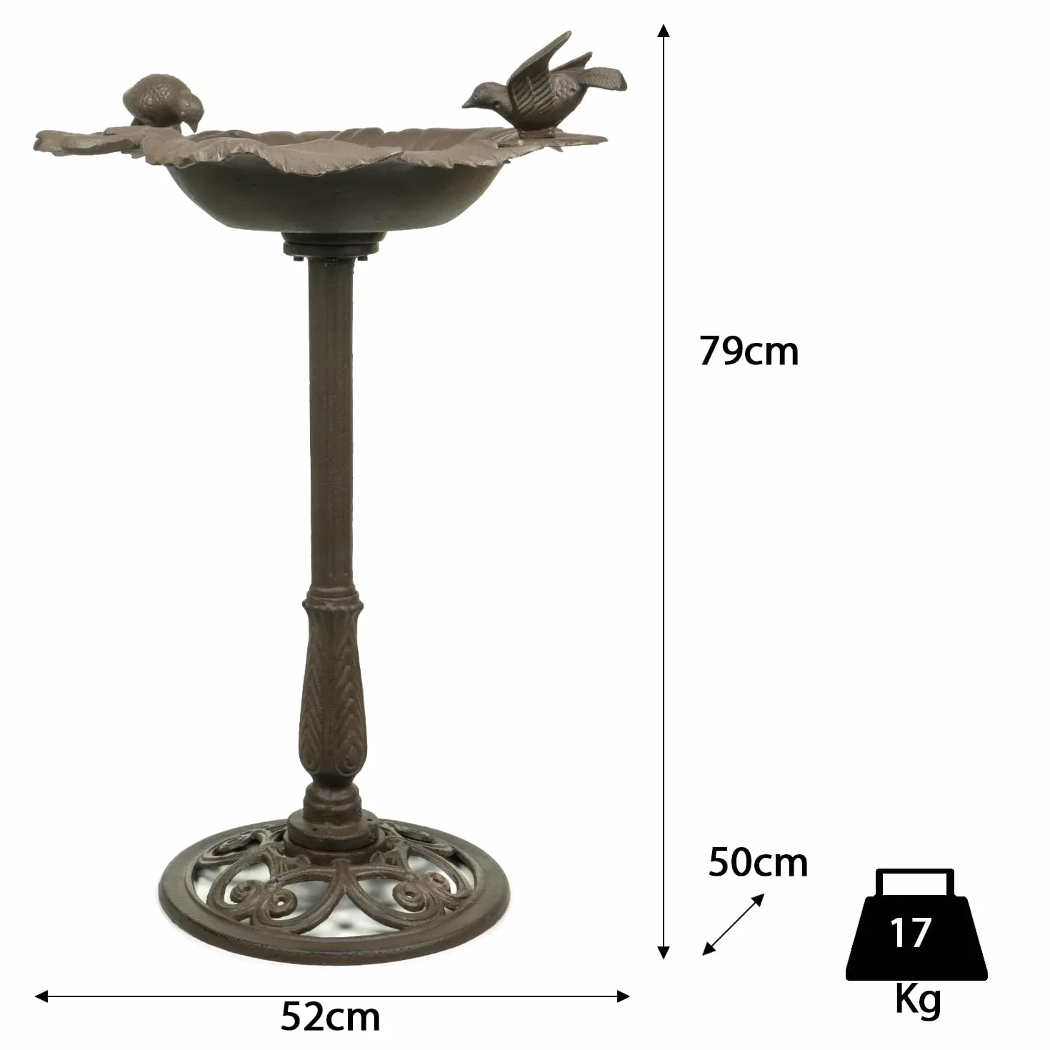 Moritz Bebedero para pájaros de 77 cm de alto, de hierro fundido, macizo, para jardín, forma de hoja, baño para pájaros con soporte, diseño antiguo
