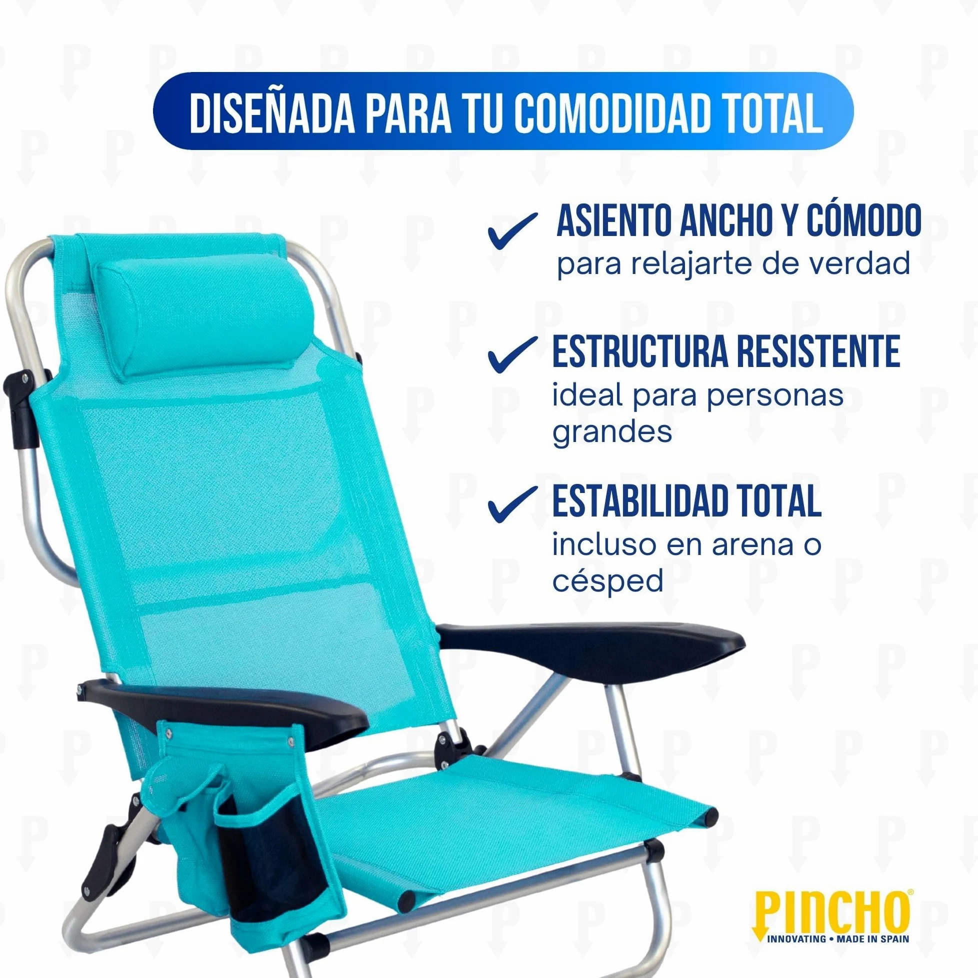 Pincho Silla de Playa Plegable 4 Posiciones Plegable con Cojin Ajustable y Bolsillos Portaobjetos Estructura de Aluminio Tejido Transpirable Resistente hasta 110 kg