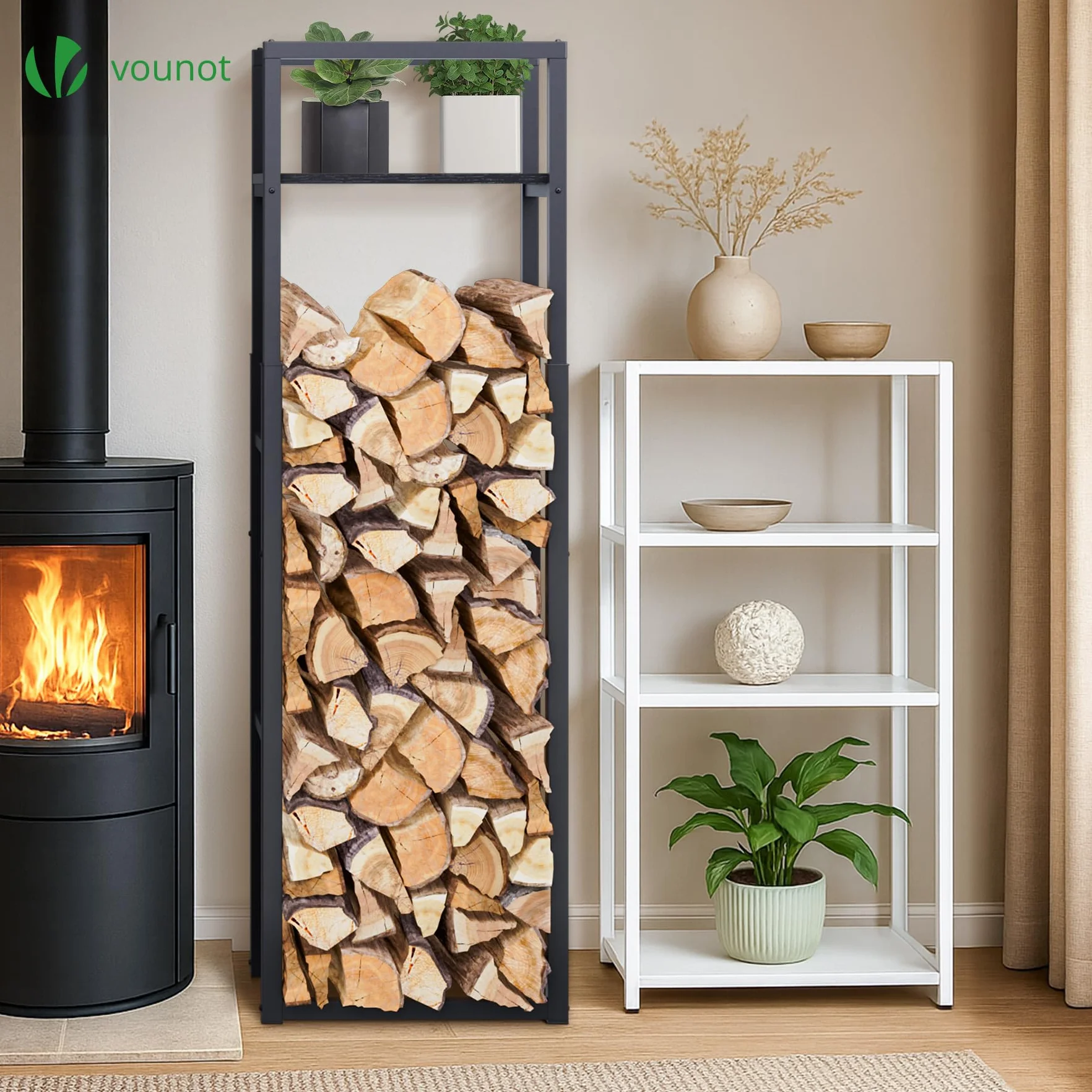 VOUNOT® Soporte de Madera Vertical de Metal Ajustable de 3 Niveles, 45 x 32 x 120-170 cm, Leñero con Estantería Integrada, Estante de Registro de Chimenea para Interior y Exterior, Negro