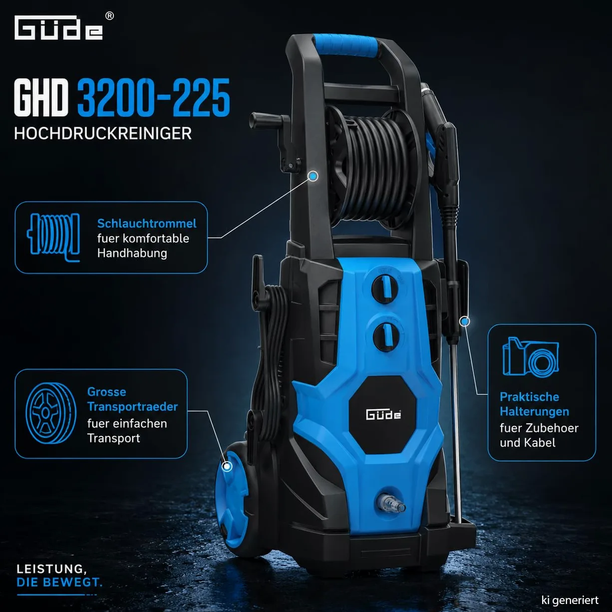 Güde Lavadora de Alta presión GHD 3200-225 (230 V, 3200 W, 225 Bar máx. presión, 540 l/h máx. de elevación., Manguera y Tambor HD de 6 m, Pistola HD con 4 boquillas, ensuciador, Cepillo Triangular y