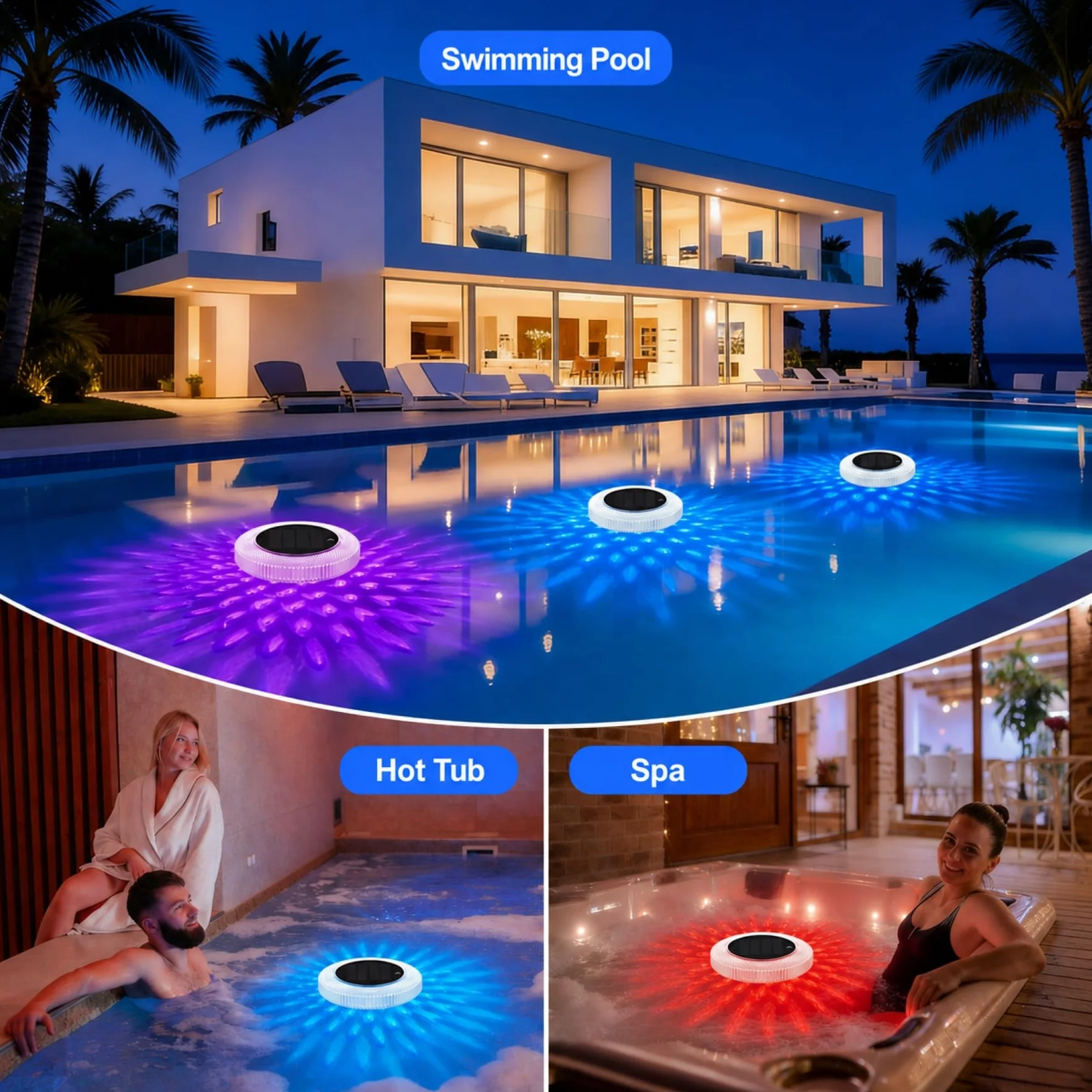 sylvwin Ionizador de piscina solar con ánodos de cobre, purificador de agua flotante con ánodo de cobre para piscinas, iluminación solar de piscina, luces solares RGB, purificador de agua para