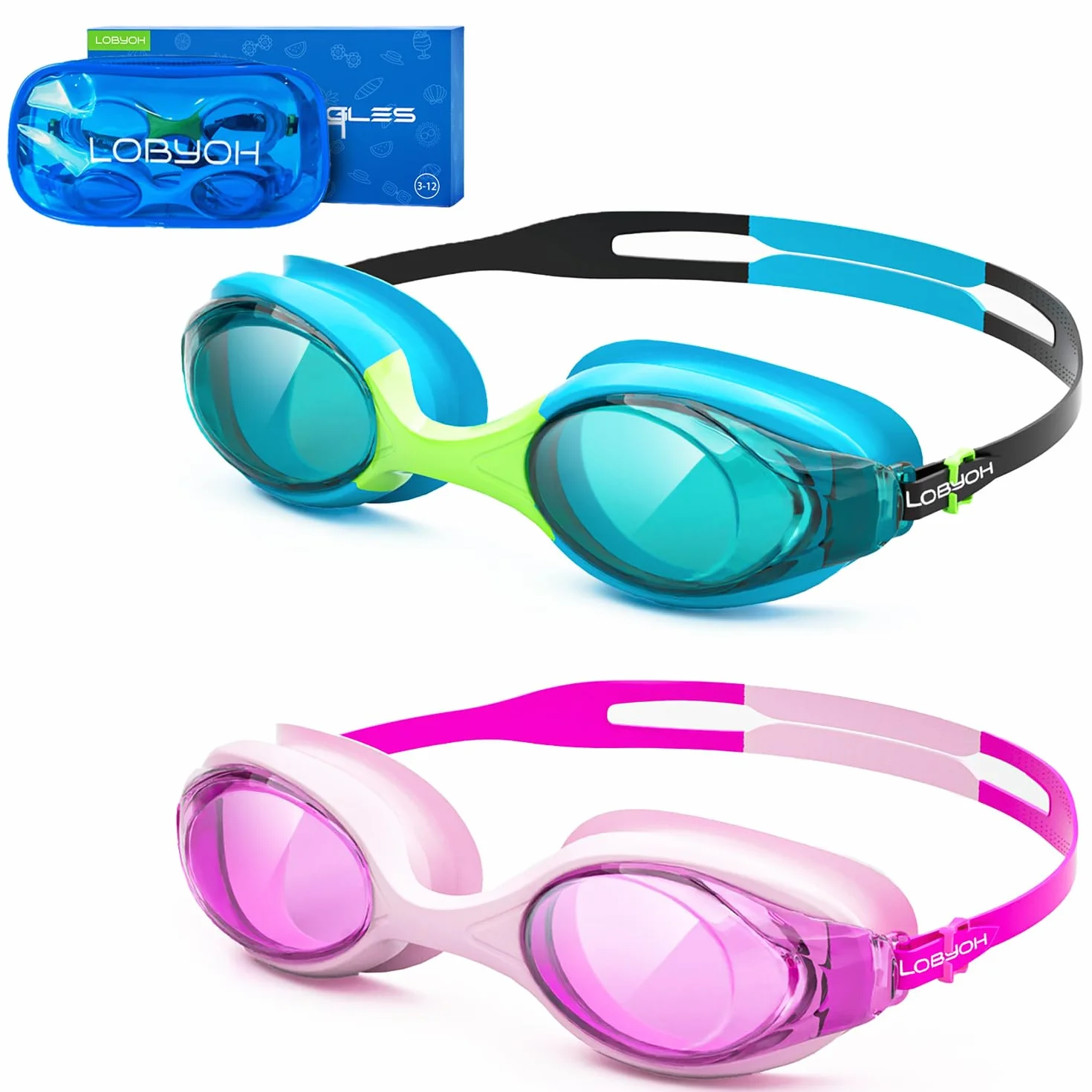 Lobyoh Gafas Natación para Niños 2 Piezas Antivaho Sin Fugas Visión Clara 3-12 Años