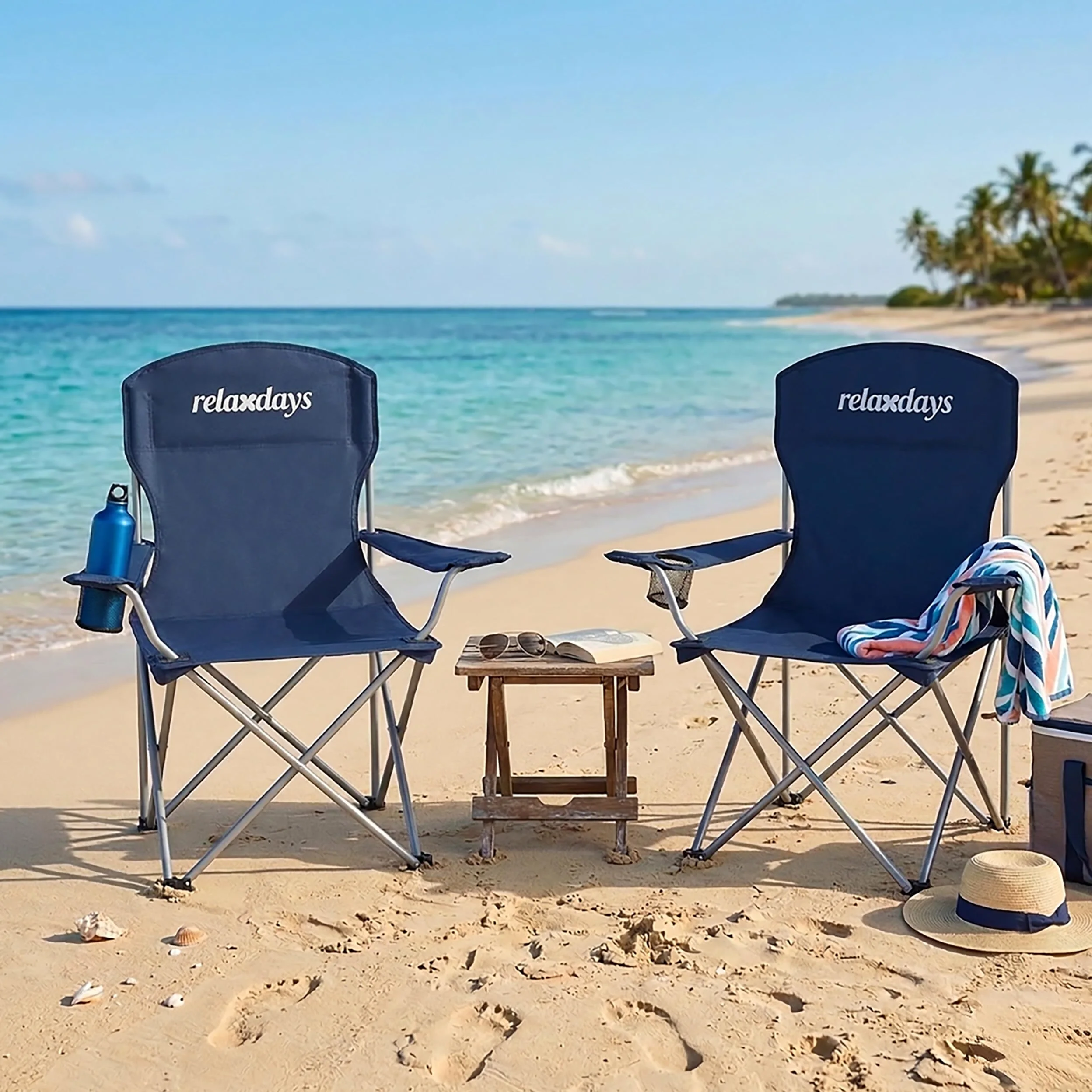 Sillas de Camping Relaxdays, Pack de 2, Plegables, Bolsa de Transporte, portavasos, 150 kg, poliéster, Metal, Azul