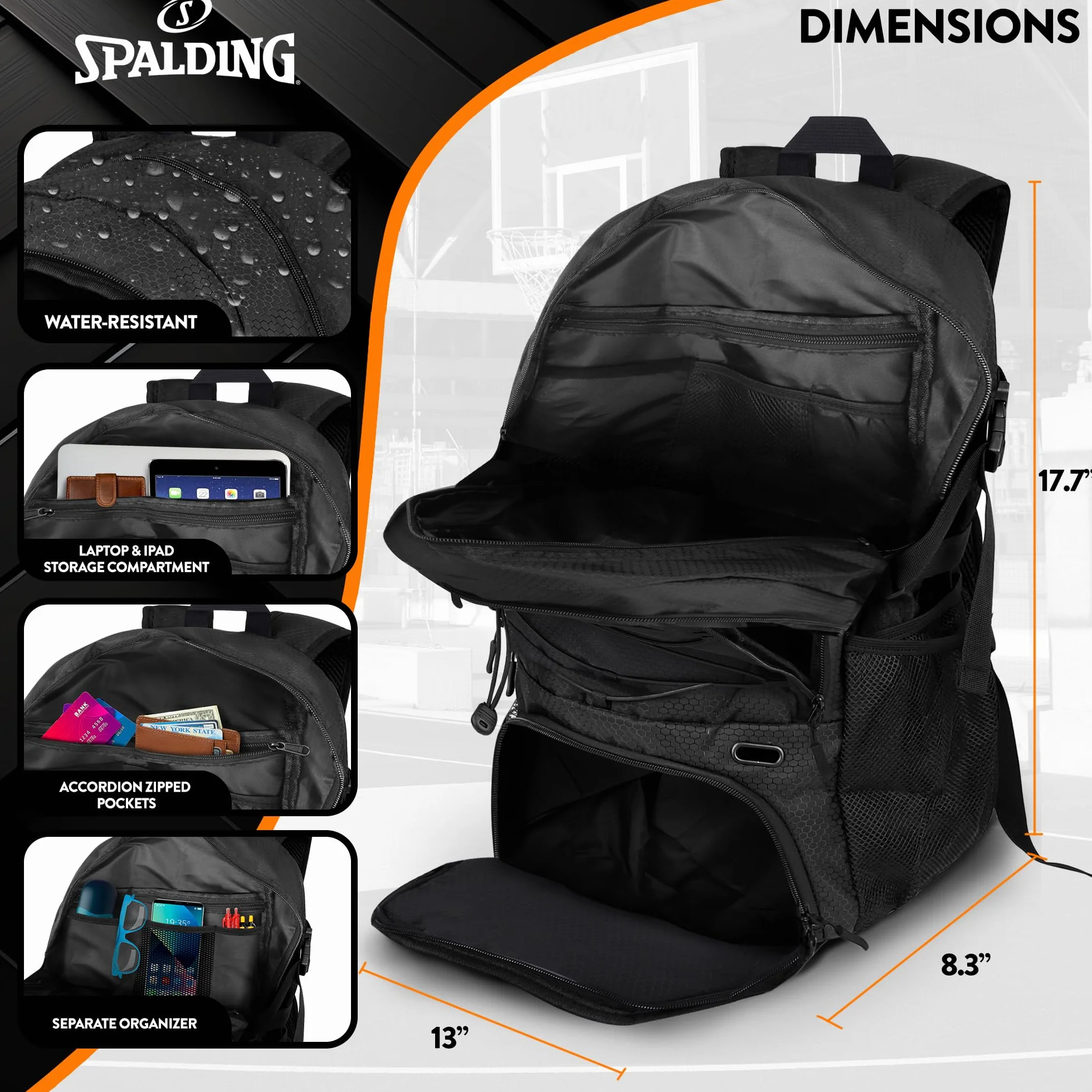Spalding Mochila de Baloncesto Negra Compartimento Zapatos Pelota