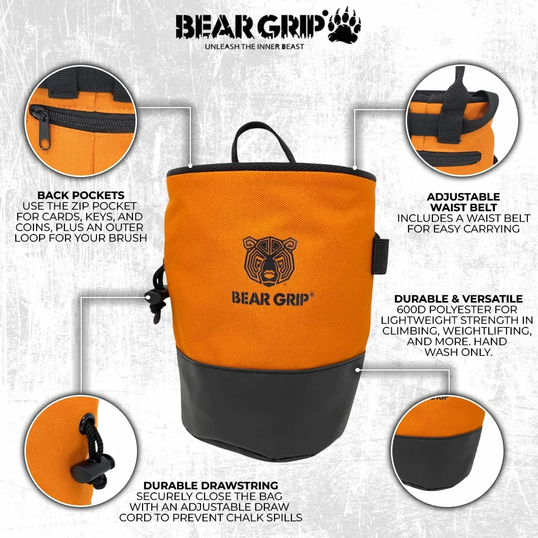 BEAR GRIP Paquete de bolsa de tiza para escalada en roca con cinturón y cepillo negro