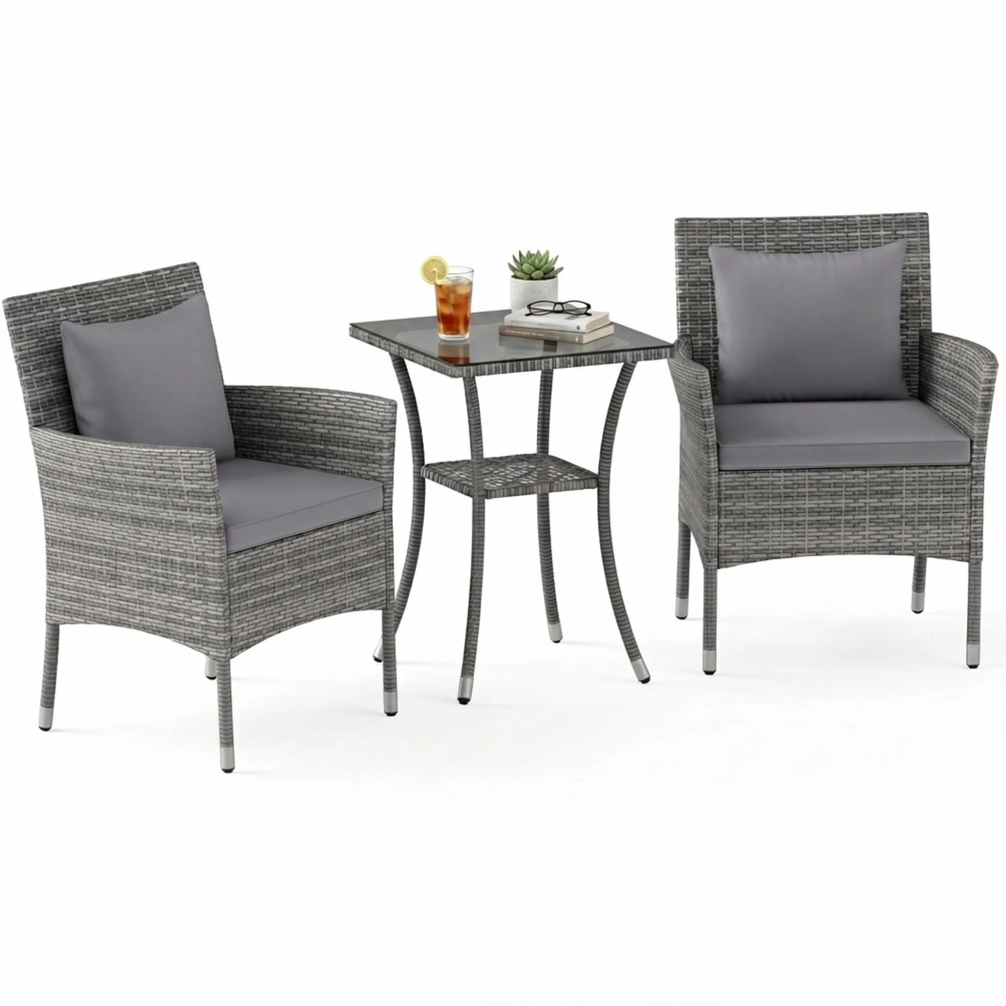 GIANTEX Juego de Muebles de Jardín 3 Piezas, 2 Sillones con Cojines y 1 Mesa con Tablero de Cristal, Conjunto de Muebles de Ratán para 2 Personas, Juego de Bistró para Balcón, Patio (Gris)
