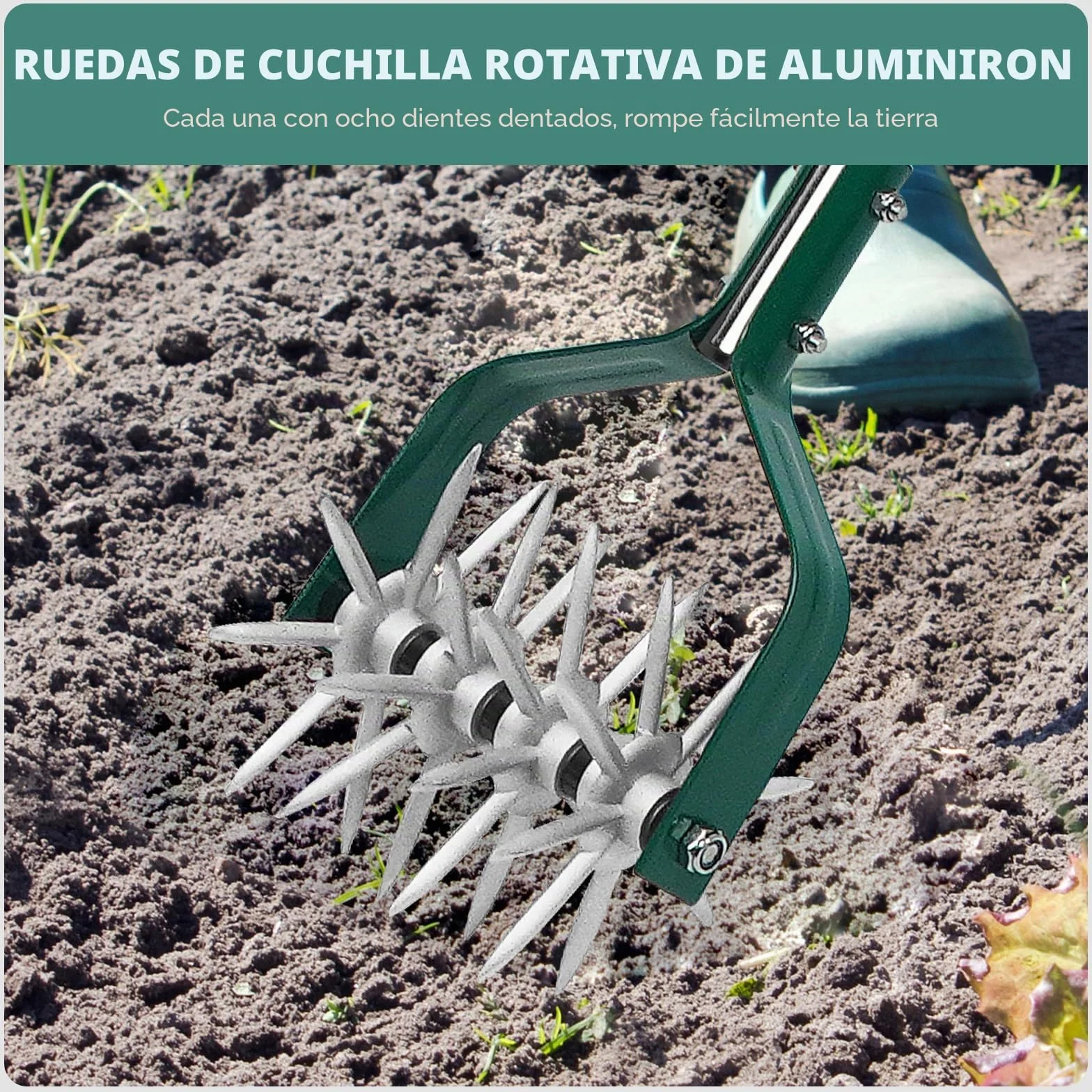 Yeelor Cultivador giratorio con mango ajustable S/S con dientes de metal sólido desmontables, cultivador de jardín, cultivador de césped y cultivador manual para aflojar y mezclar tierra