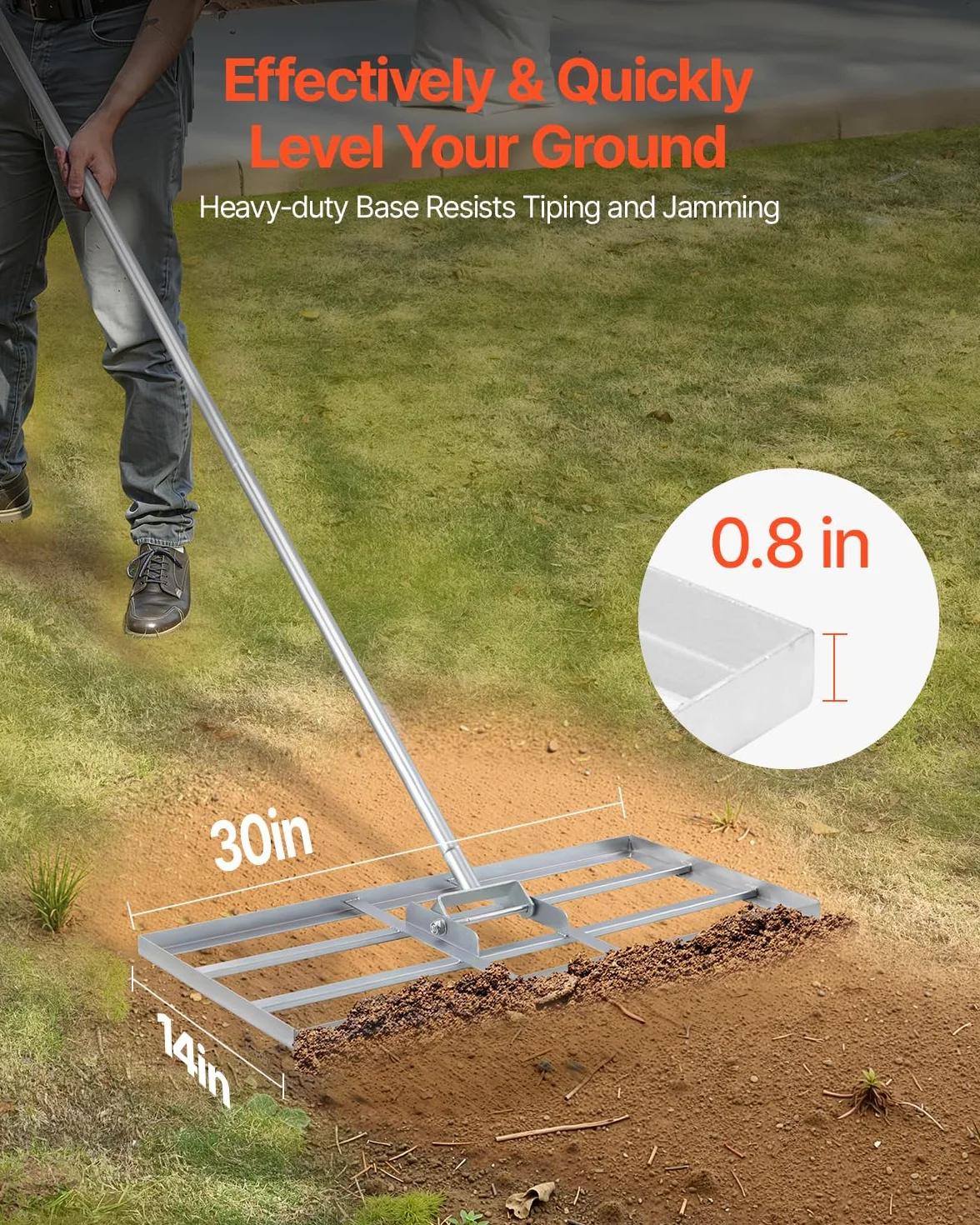 VEVOR Rastrillo Nivelador de Césped con Mango, Placa de Suelo de 355 x 762 mm, Nivelador de Suelo de Acero al Carbono Resistente a la Oxidación, 2 Alturas Ajustables, para Cancha de Golf, Patio