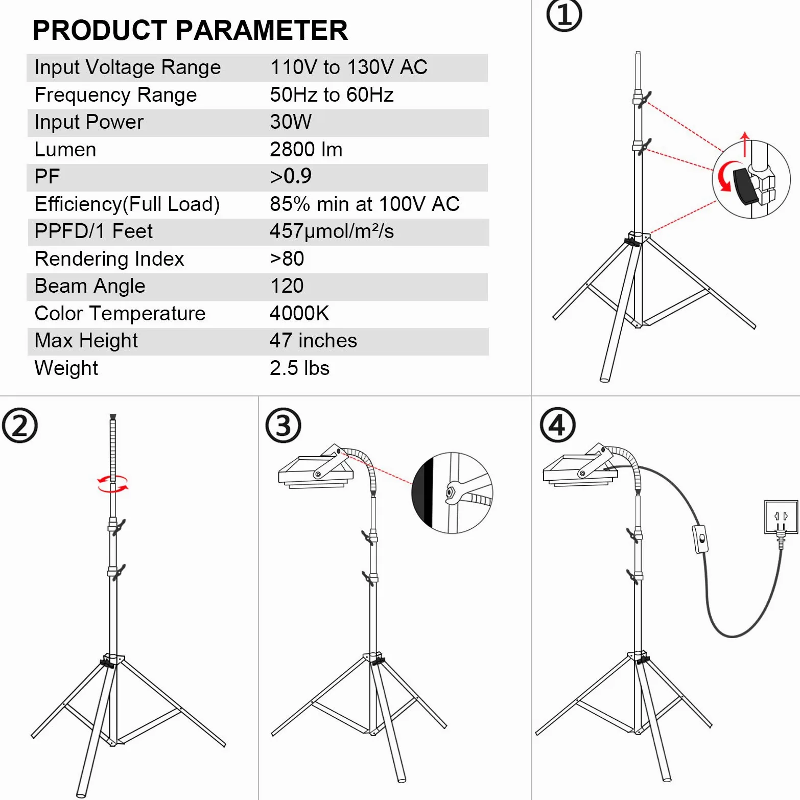 Grow Light with Stand, LBW Full Spectrum 150W LED Floor Plant Light for Indoor Plants, with On/Off Switch, Flexible Gooseneck, Adjustable Tripod Stand 15-47 Inches