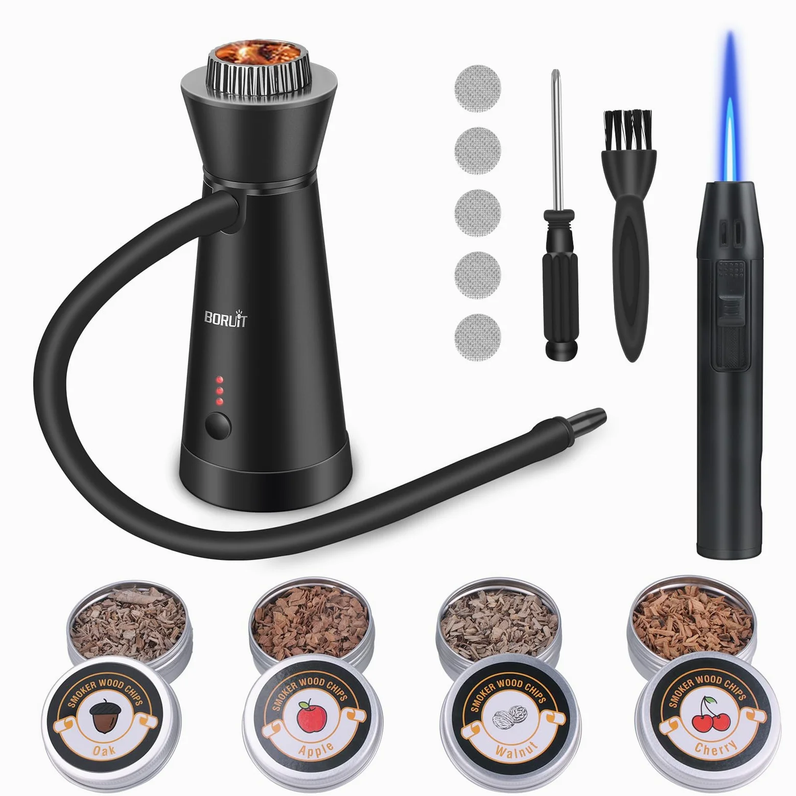 BORUiT SK301B Pistola de Humo con Encendedor (sin butano), Aleación de Aluminio Infusor Ahumador con Paquete de 4 Virutas de madera, para la Cocina, Barbacoa, Carne, Cócteles, Queso,
