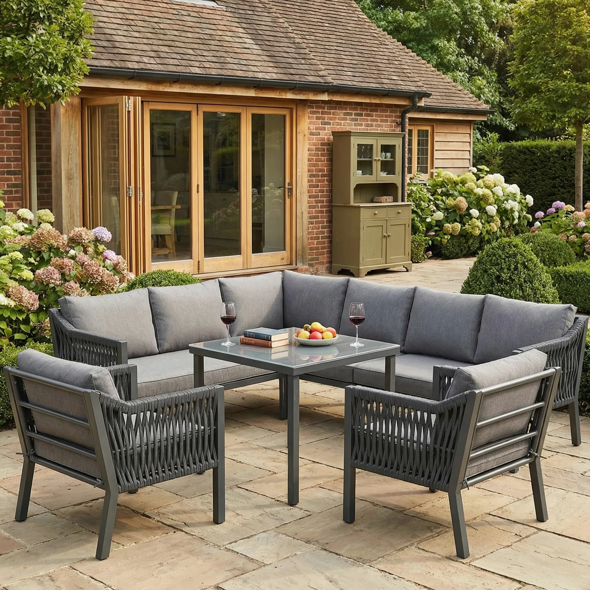 Muebles Jardin Exterior de 7-8 Plazas con 2 Sillones y Mesa, Sofa Terraza Exterior con Cojín Suave, Muebles Terraza Exterior con Reposabrazos Trenzado y Estructura Metálica, Gris