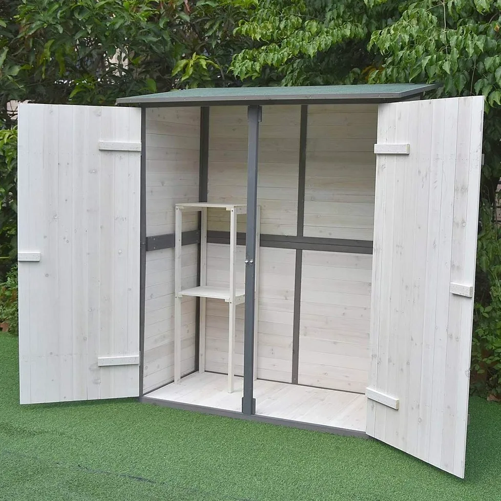 Melko Armario de jardín con techo reprimido y puerta de doble hoja blanco/gris, cobertizo de madera 162 x 140 x 75 cm, incluye estante