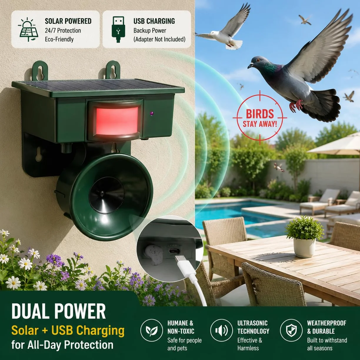 Dispositivos repelentes de pájaros ultrasónicos solares para exteriores, el mejor disuasorio de pájaros para piscina, repelente de palomas para balcón, mantiene cuervos, gorriones y estorninos fuera
