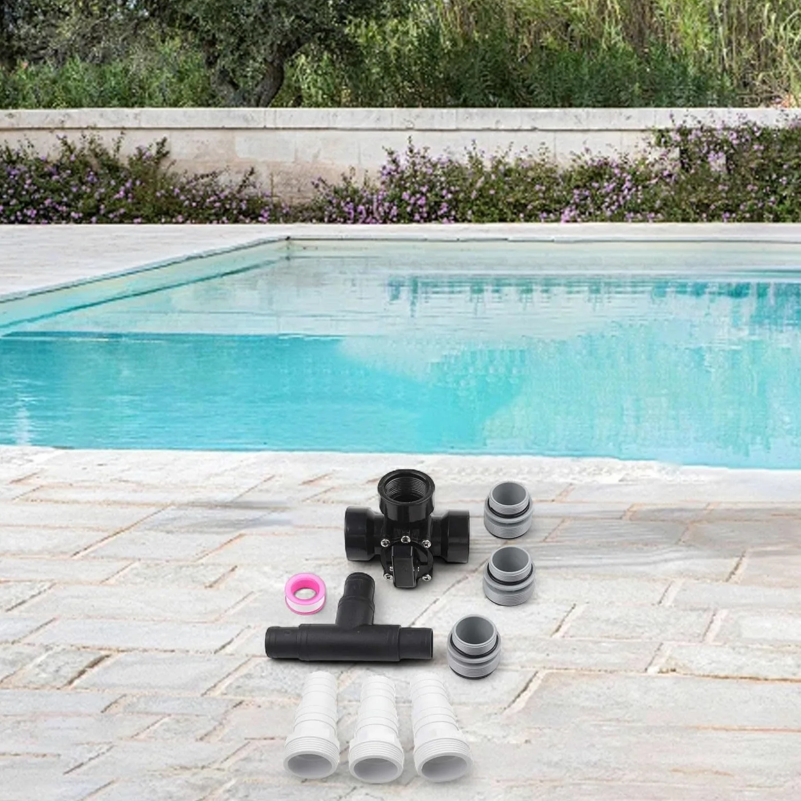 Válvula desviadora de tres vías 1.5 pulgadas, adaptador de manguera y kit de conversión, válvula direccional de fontanería de piscina (negro)