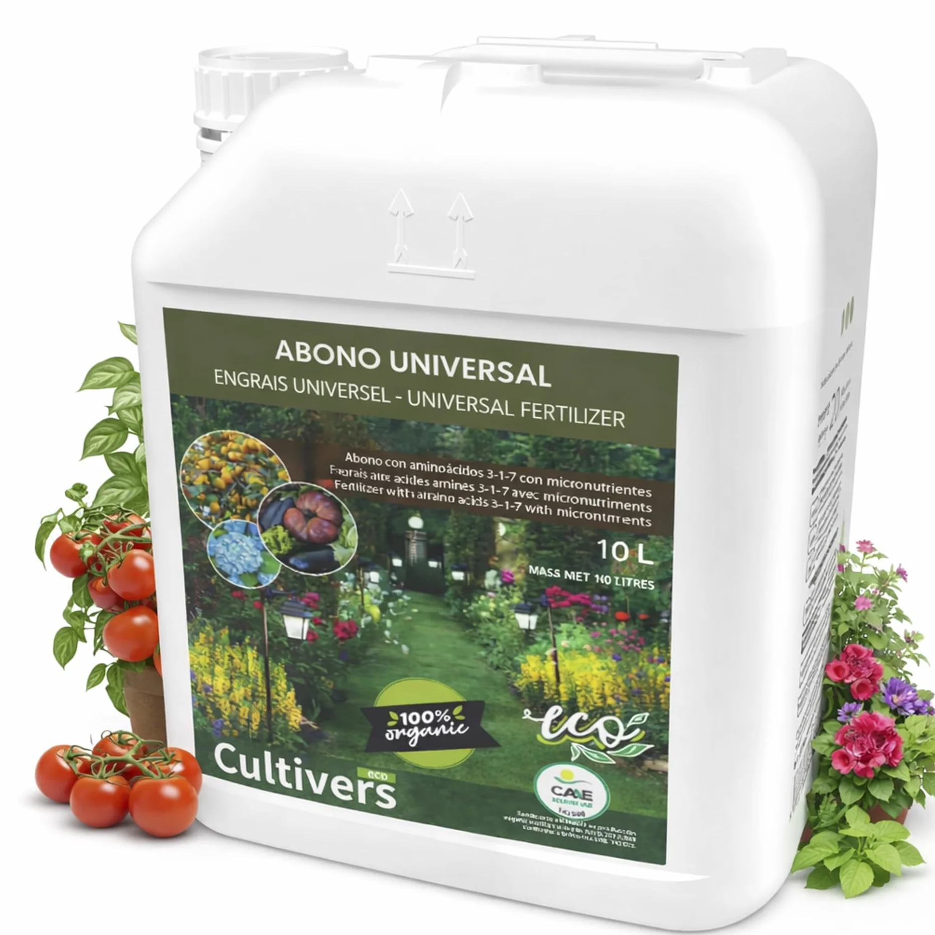 CULTIVERS Fertilizante Universal Ecológico Líquido 10 L | Abono NPK 4-1-7 con Aminoácidos y Micronutrientes (B, Cu, Fe, Mn, Mo y Zn) | Uso en Huerto, Jardín y Plantas, Apto Agricultura Ecológica