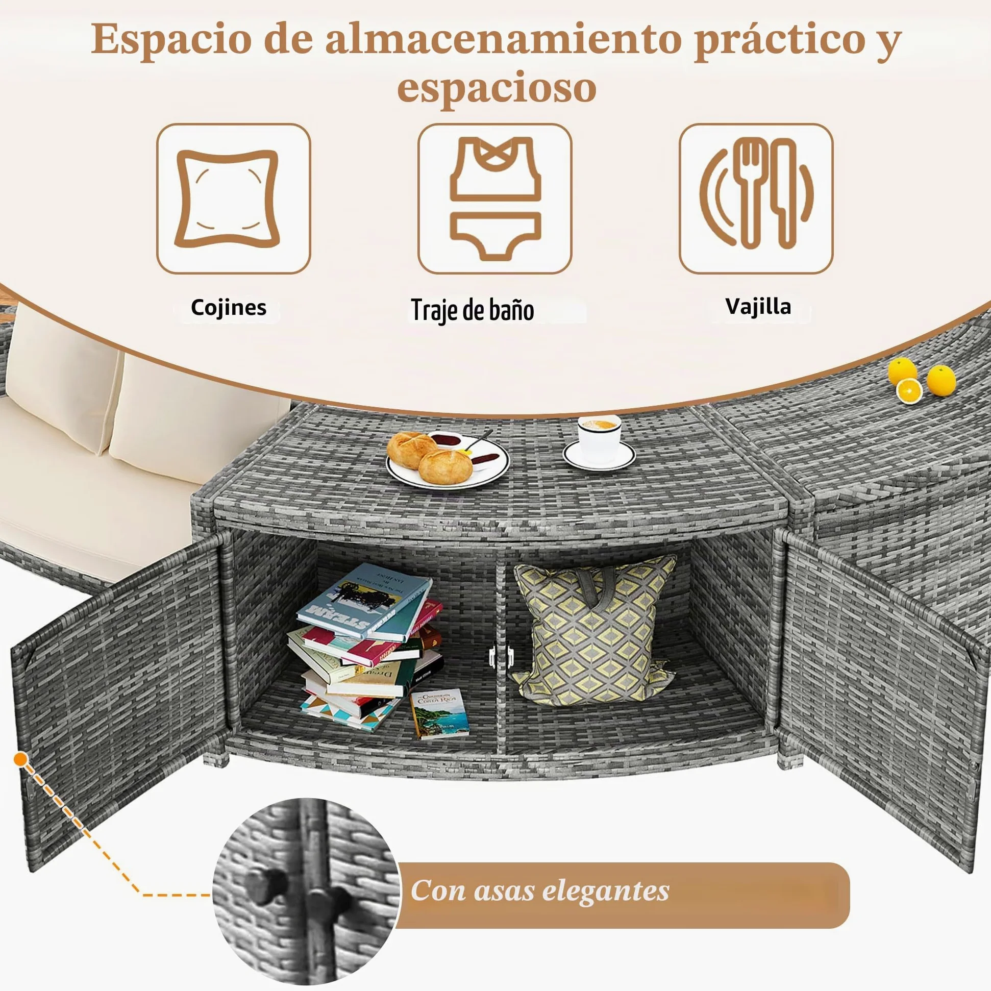 Set de salón de jardín Shye con sofá redondo, juego de muebles de jardín, set de salón, para jacuzzi y piscina, con patas ajustables, incluye cojines, muebles para terraza, jardín o área de piscina