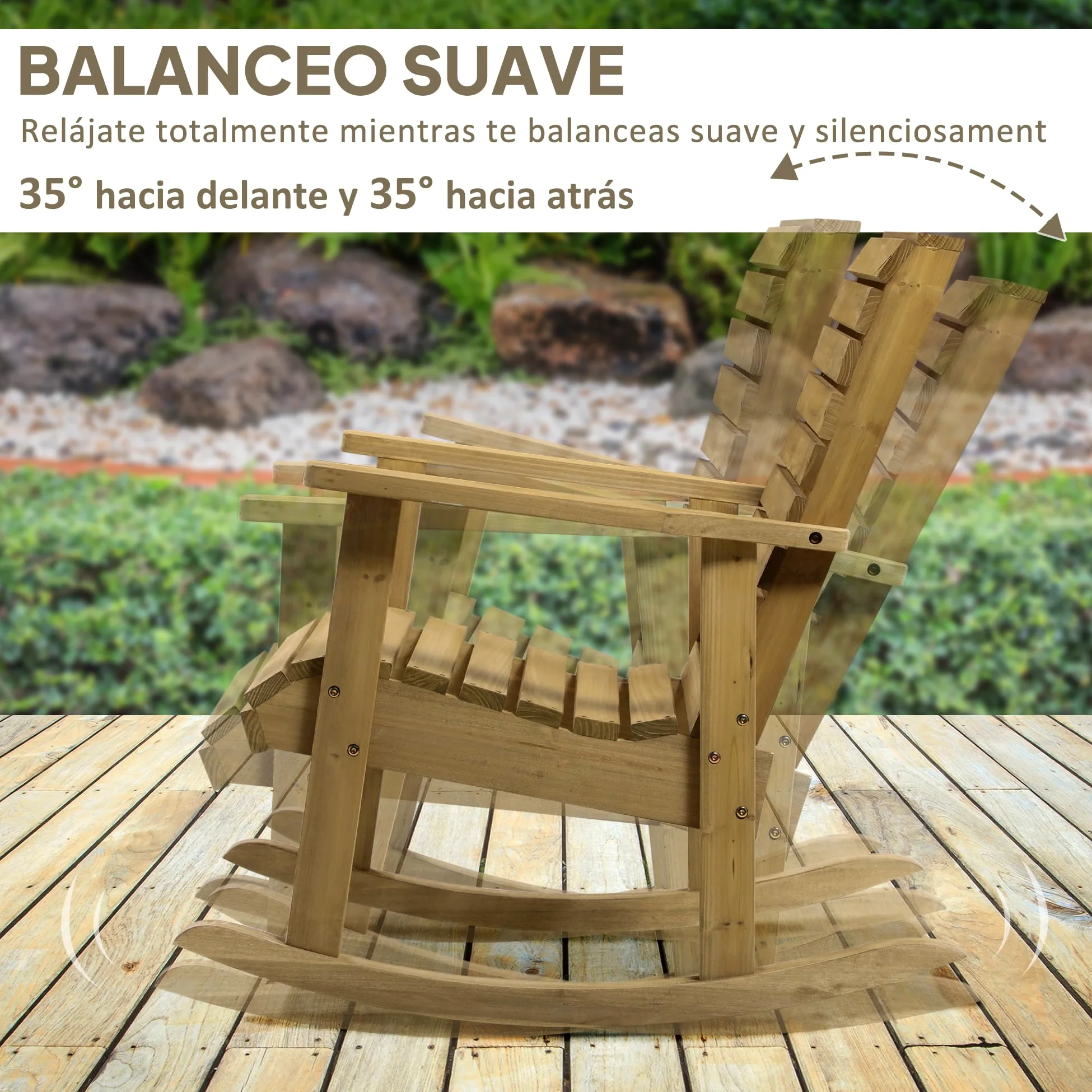 Outsunny Silla Mecedora de Madera de Abeto Mecedora Balancín con Reposabrazos y Diseño de Lamas Carga 130 kg para Jardín Terraza Patio Porche 86x64x85 cm Natural