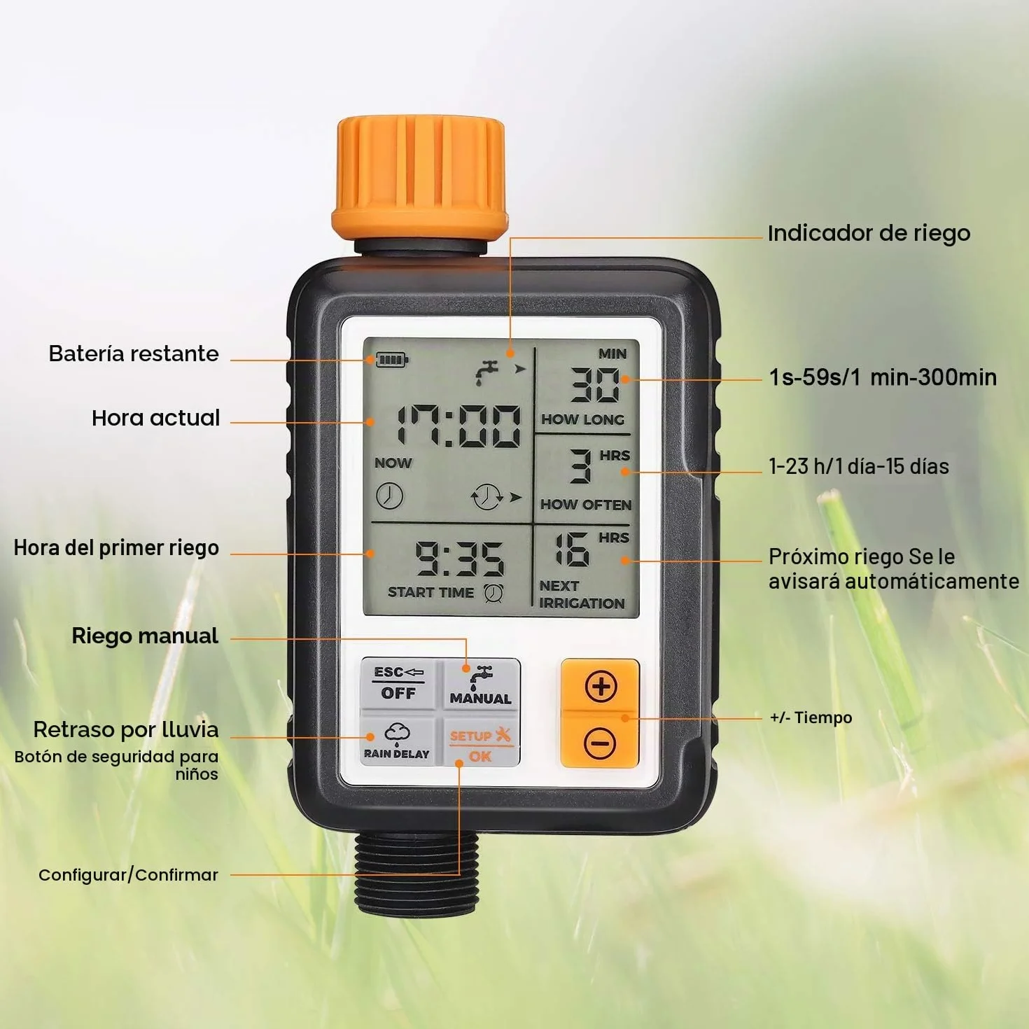 Johgee Temporizador de Riego Automatico Jardín, El Acoplamiento de Grifo de Agua ½ y ¾ Son Aplicables, Programa de Memoria Permanente, Programador de Riego Automático con Pantalla 3 ” LCD