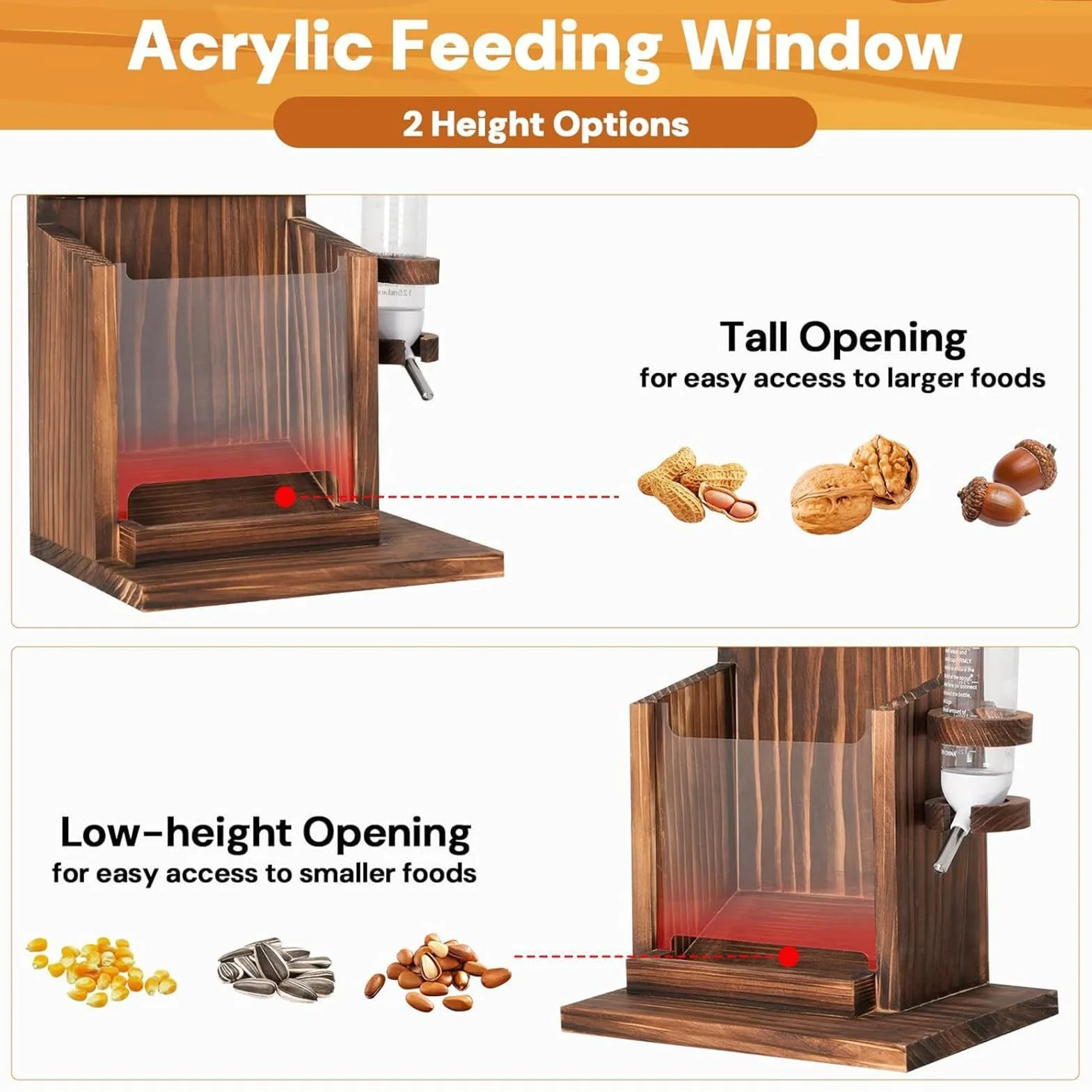 Casas de ardilla para exteriores, estación de alimentación de ardillas con botella de agua, de madera montada en la pared para alimentos, frutos secos, de maíz, patio, árbol, jardín