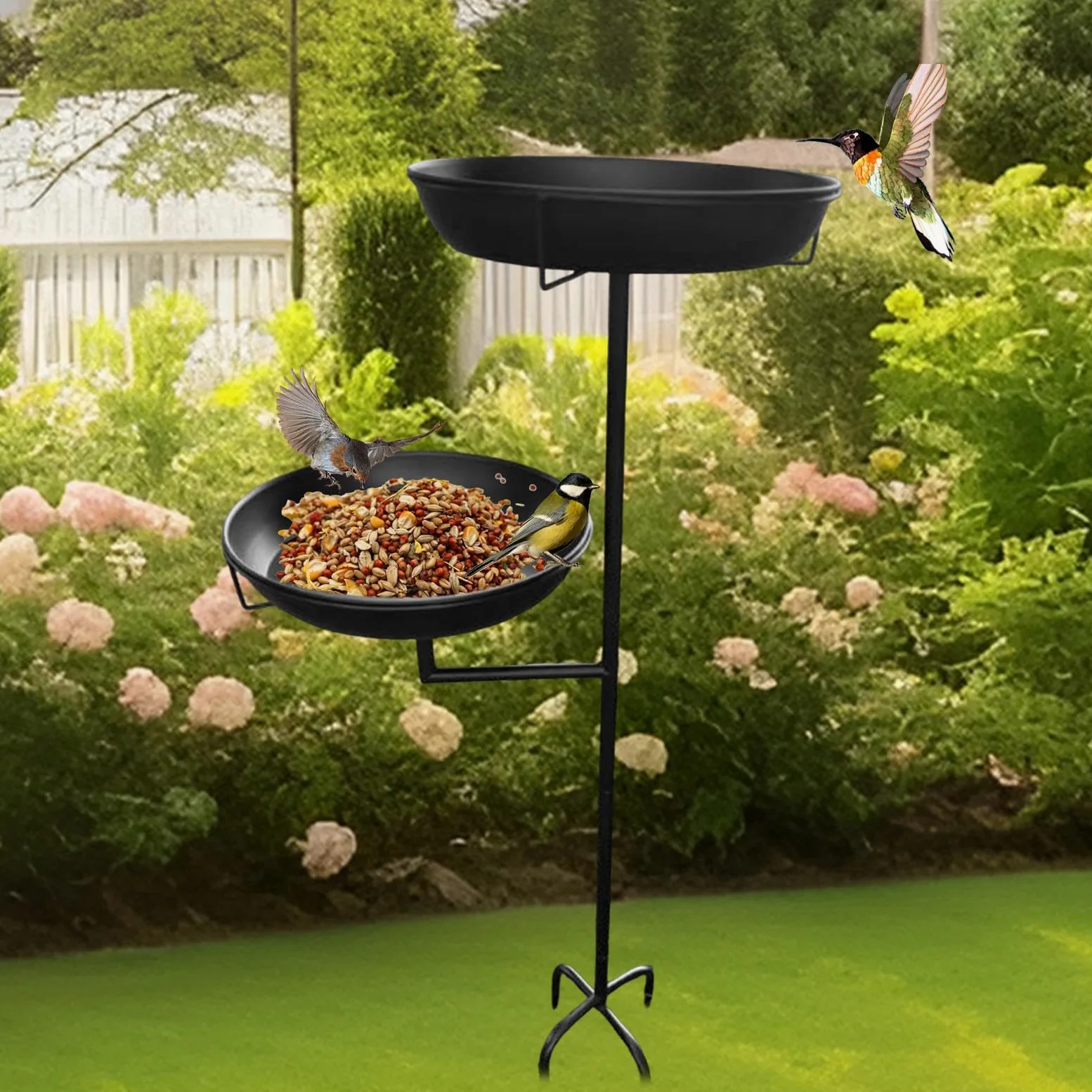 Fenteer Bebedero para Pájaros Plato de Alimentación Bandeja para Aves Cuenco para Exterior Hecho de Hierro con Acabado Decorativo Elegante Adecuado P, Negro