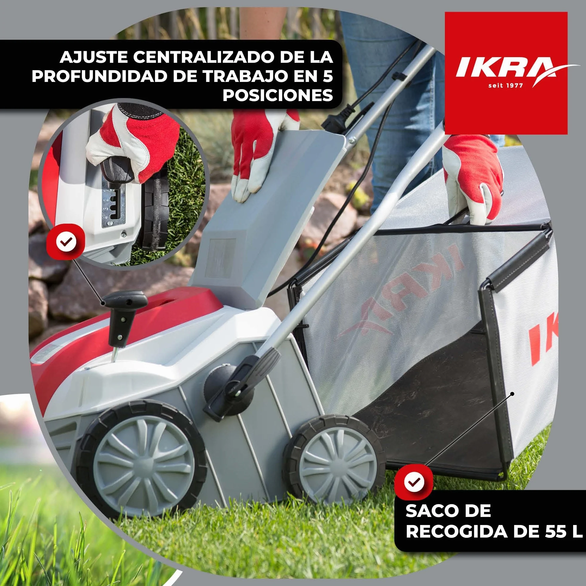 IKRA 80201020 escarificador y aireador eléctrico IEVL 1840, Saco coletor 55l, Largo de Trabajo 40cm, 1800 W, 230 V, color gris, rojo y negro