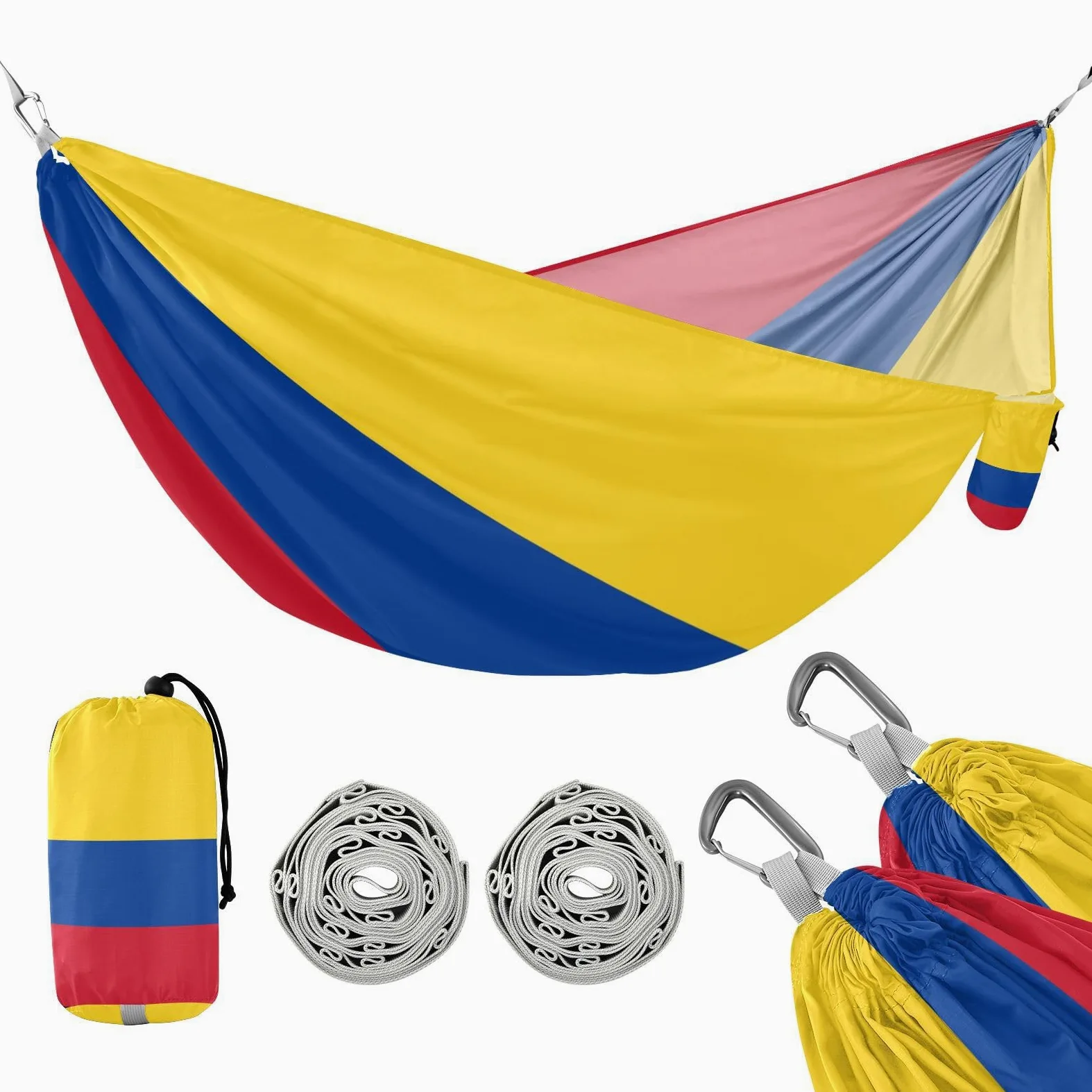 Hamaca de bandera nacional colombiana de Colombia, azul, rojo, amarillo, hamaca para exteriores con correas de árbol, hamaca de cuerda para patio interior y exterior