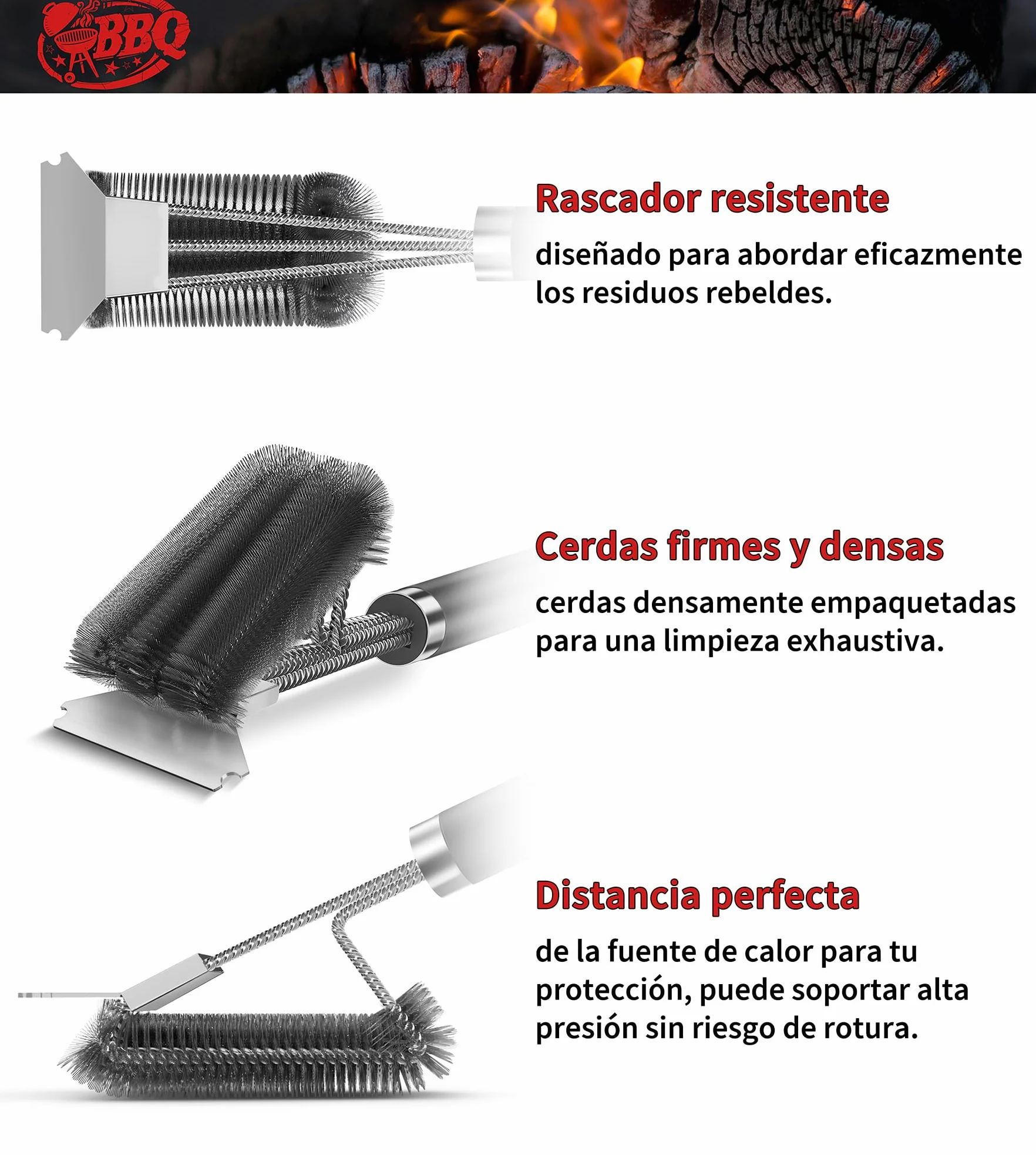 Cepillo de Barbacoa 3 en 1 con Cerdas de Alambre de Acero Inoxidable para Carbón Vegetal y Parrilla Eléctrica al Aire Libre - Jardín, Camping - Cepillo de Limpieza para BBQ