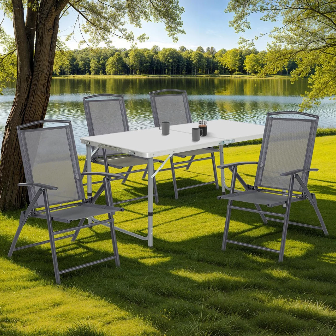 IDMarket - Pack de 4 sillas plegables de jardín con reposabrazos ALGHERO, metal y textileno, gris antracita