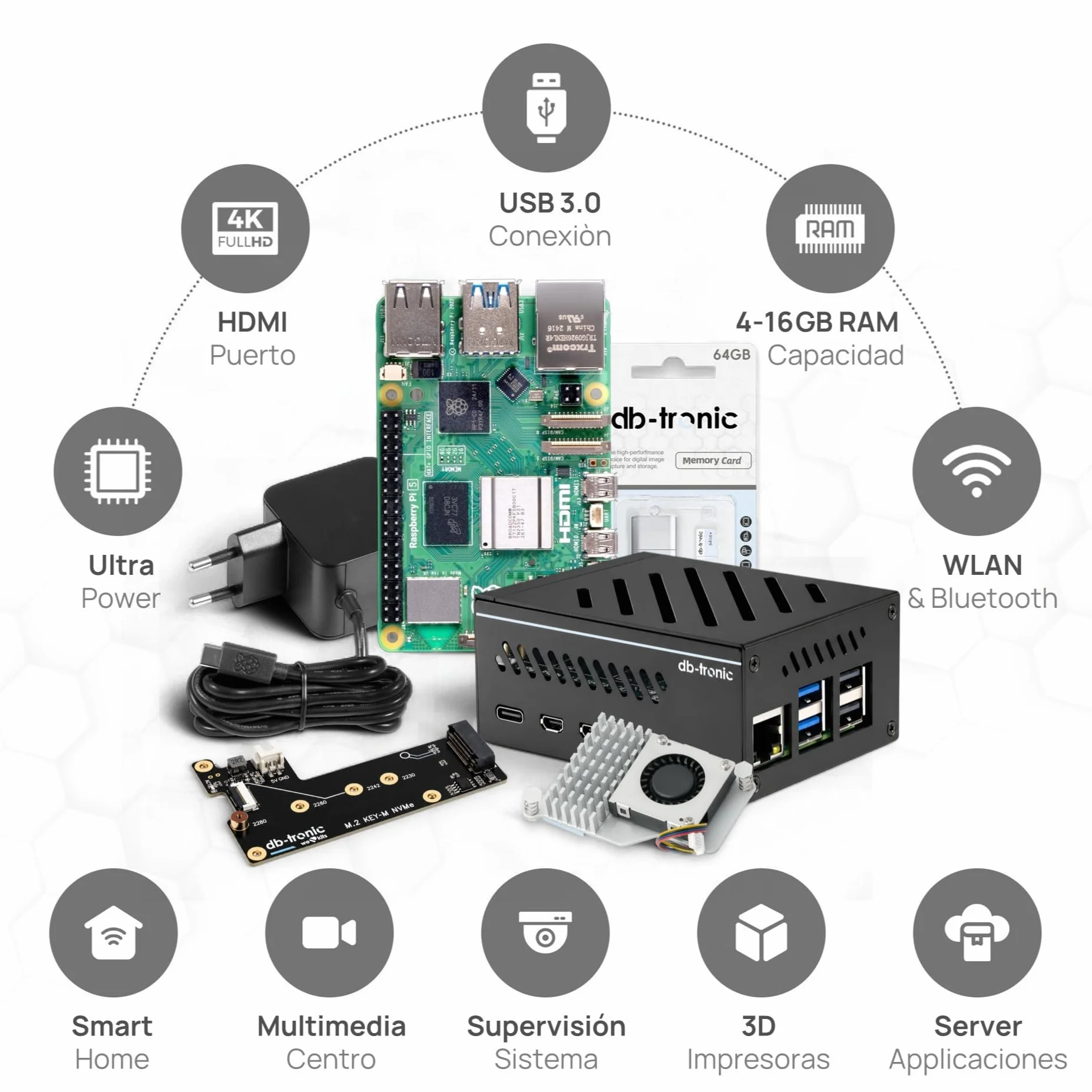 db-tronic Raspberry Pi 5 4 GB NVMe Kit 64 GB 27 W Carcasa metálica Refrigeración Activa SSD M.2 NVMe PCIe