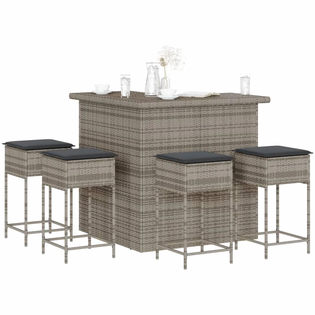 vidaXL Juego de Bar de jardín de 5 Piezas con Cojines ratán PE Gris, Mesa Alta y taburetes de Exterior, Juego de Bar, Juego de Muebles
