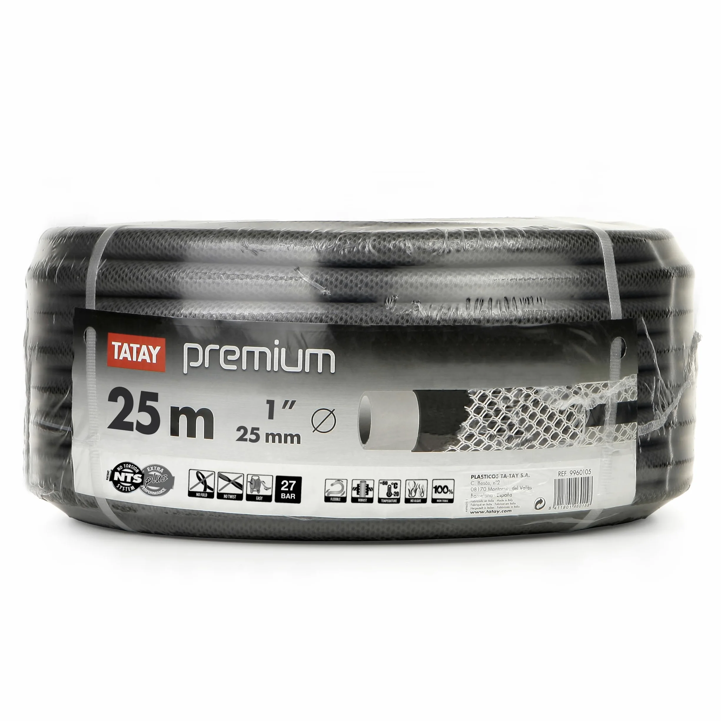 Tatay Manguera de Jardín Premium, 25 Metros, 1" 25mm de Díametro, de 4 Capas PVC Poliester, Resistencia 27 Bares y -20º a 60º, Antitorsión, Libre de BPA.