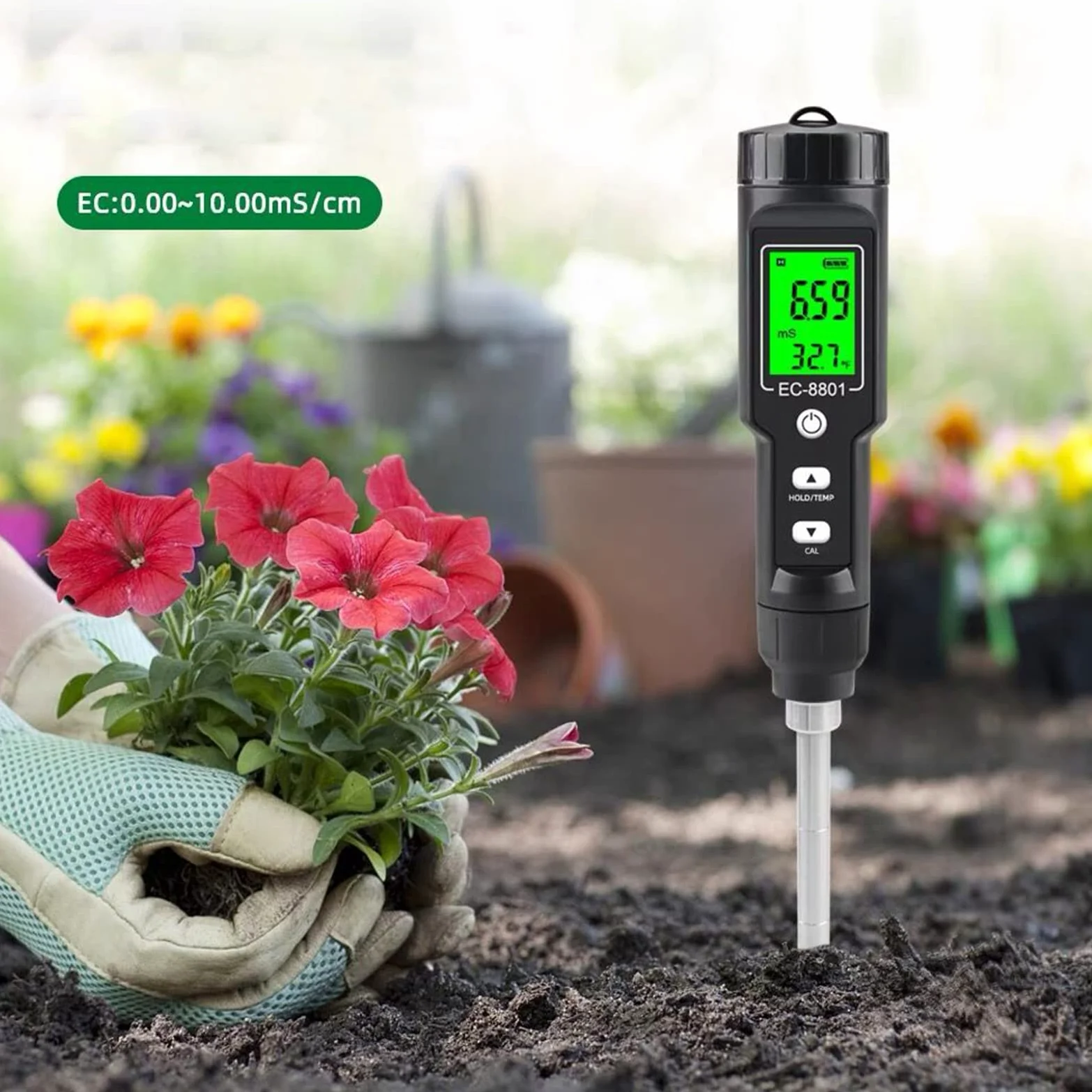 Medidor de salinidad del suelo con sonda larga, higrómetro profesional para macetas grandes, higrómetro agrícola, higrómetro para humidor de puros, termómetro de humedad interior y suelo Ec