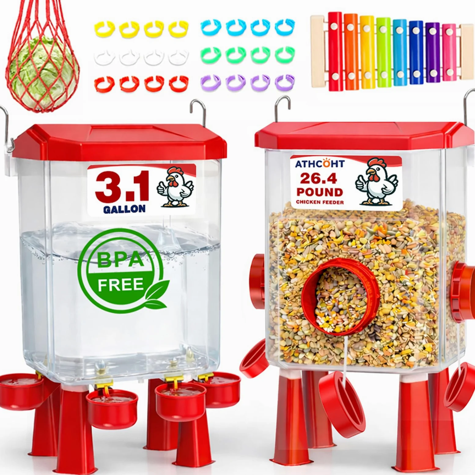 Comederos de pollo de pie y bebederos de pollo, alimentador de agua de pollo de 3 galones con 4 tazas