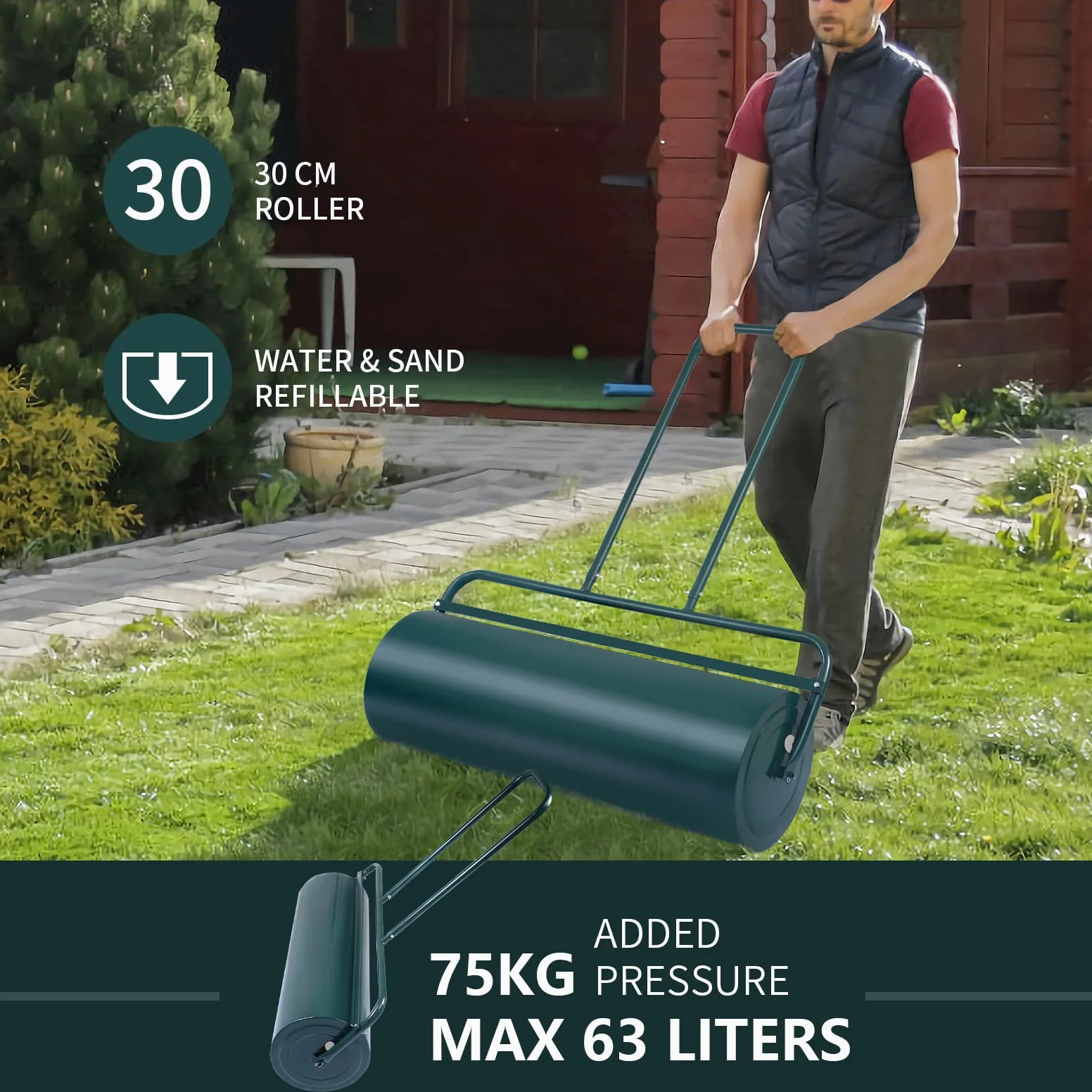Rodillo para césped de jardín de 63 L/113 L, gran tambor remolcable lleno de agua y arena con asa de agarre, barra rascadora y rodillo para granos, herramienta manual de acero para rodar cés