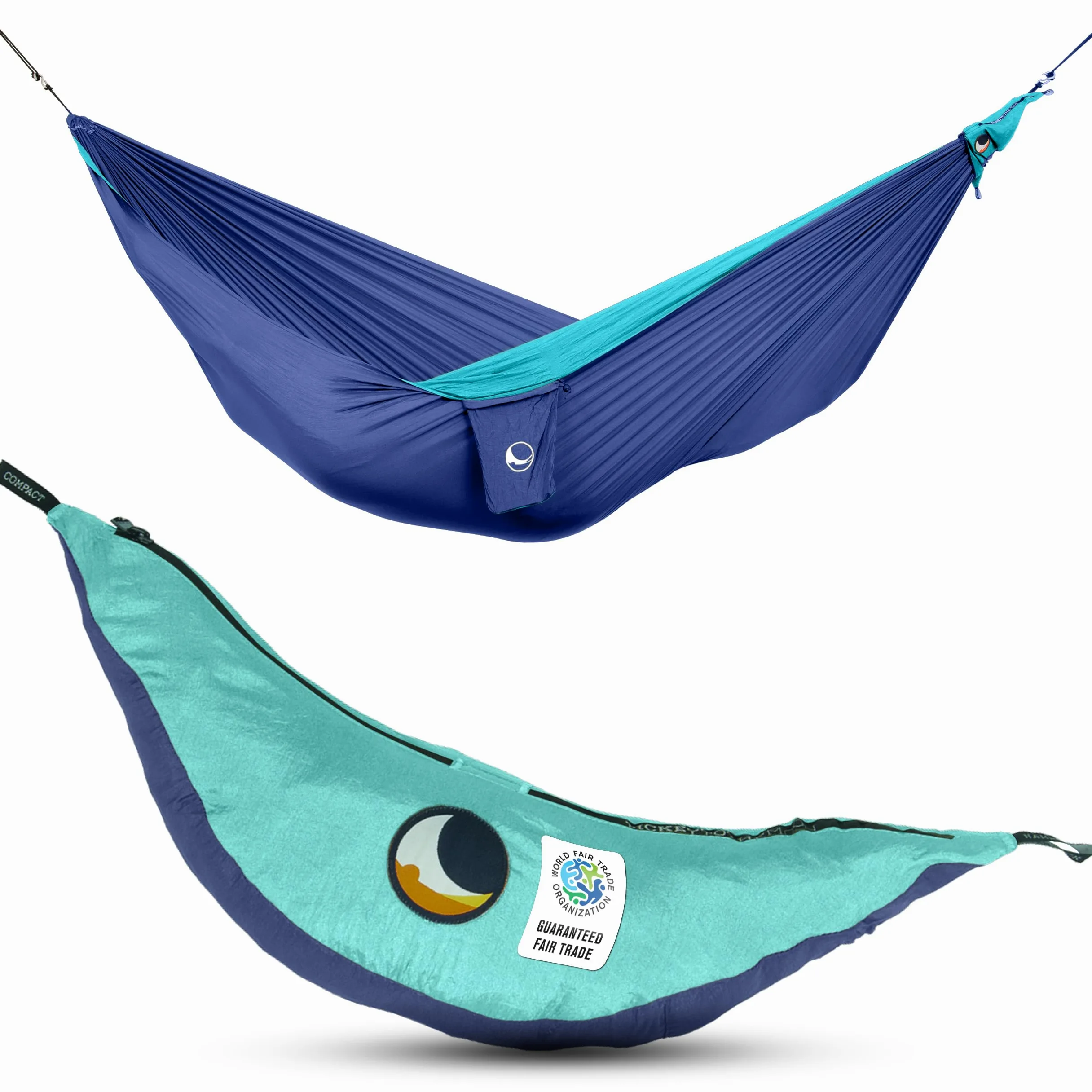 Ticket To The Moon Hamaca Original Liviana, 1-2 Personas, Comercio Justo y Hecho a Mano, Azul Rey/Turquesa, para Viajes, Camping y Uso Cotidiano, XL 3.2 * 2m, 600g, Seda de paracaídas