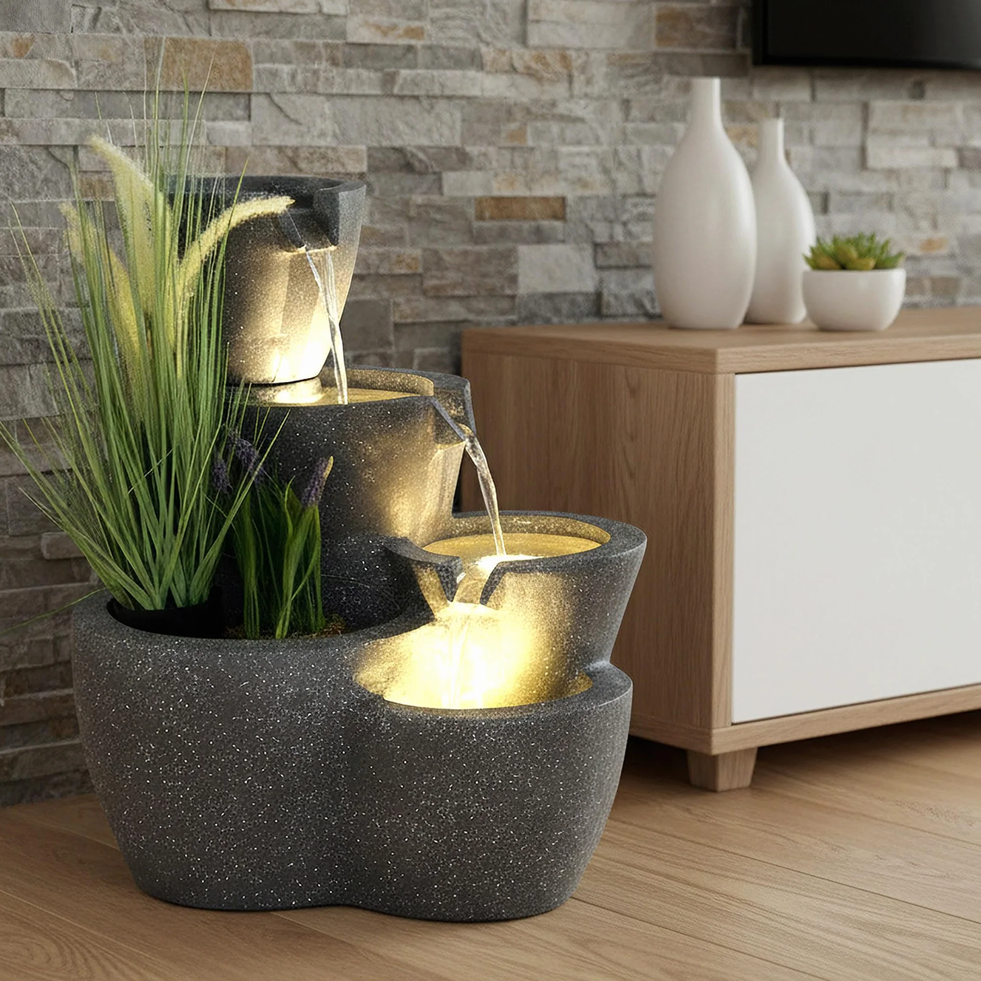 Fuente de Jardín Iluminada Grande Arnusa - Fuente de Agua de 59 cm - Decoración de Jardín Interior y Exterior - Se Puede Plantar