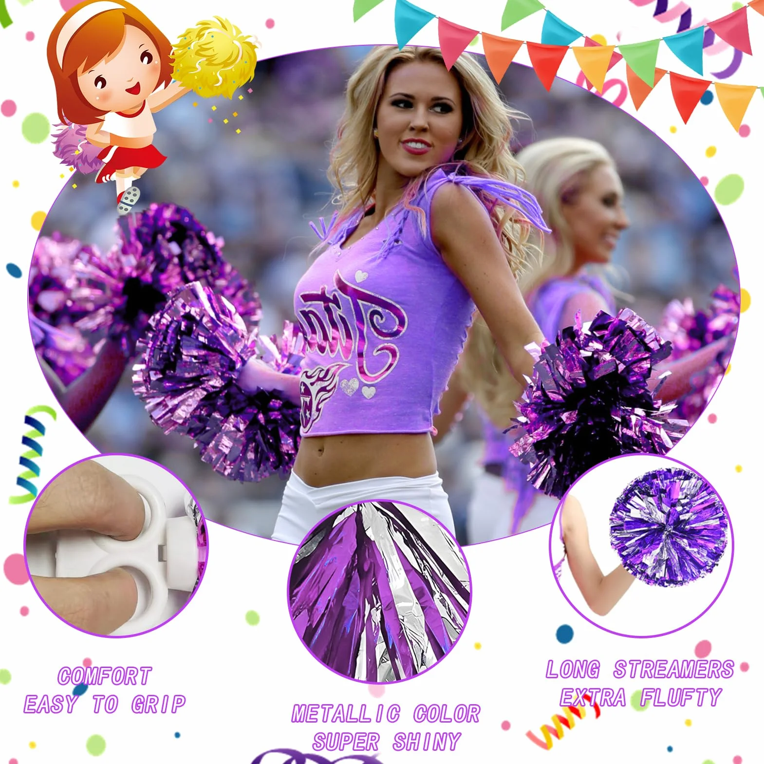 Pompones de Animadora Morado 3 Piezas Meanju para Deportes Fiestas