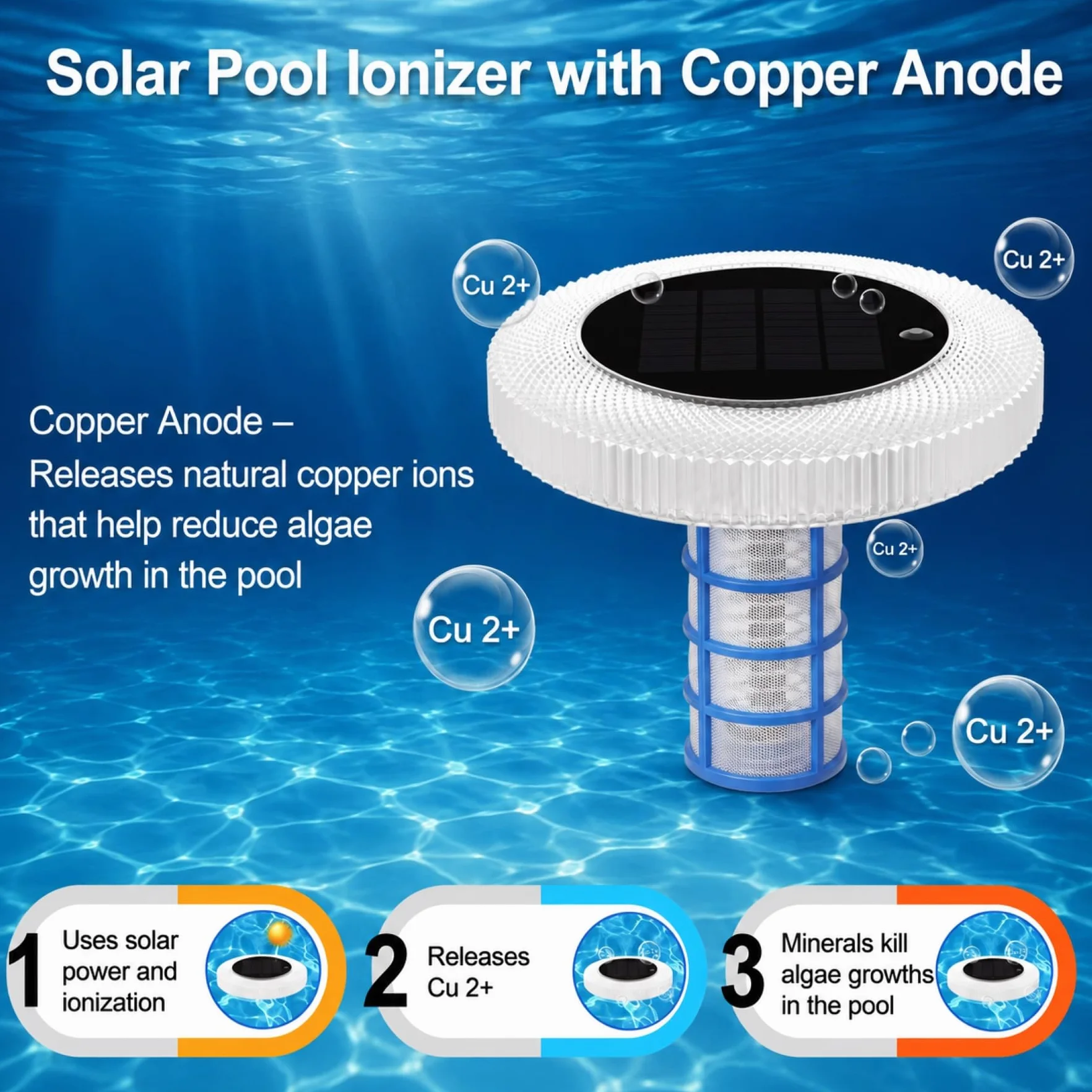 sylvwin Ionizador de piscina solar con ánodos de cobre, purificador de agua flotante con ánodo de cobre para piscinas, iluminación solar de piscina, luces solares RGB, purificador de agua para