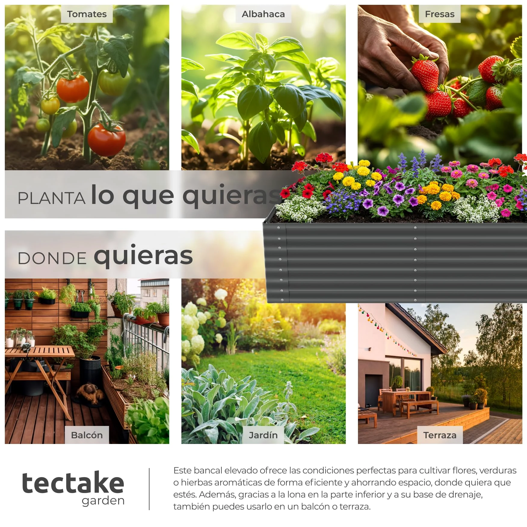 tectake® Bancal Elevado de 200 x 100 x 62 cm, 1200L, para Huerto Urbano, Jardineras Exterior Grandes, Maceteros Grandes Exterior, Jardin, Macetero Grande, con Guantes, Suelo Abierto, Malla Metalica