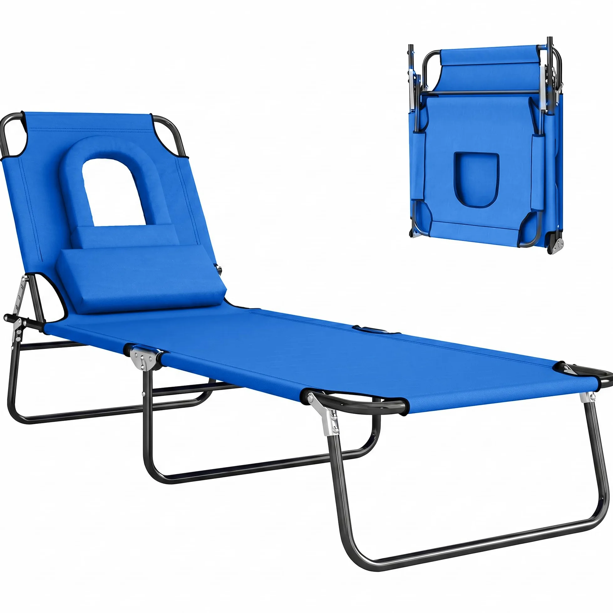 Outsunny Tumbona Plegable con Respaldo Regulable en 4 Posiciones Tumbona de Jardín con Orificio de Lectura Almohada Marco Metálico y Tela Oxford para Playa Terraza Carga 120 kg 190x56x28 cm Azul