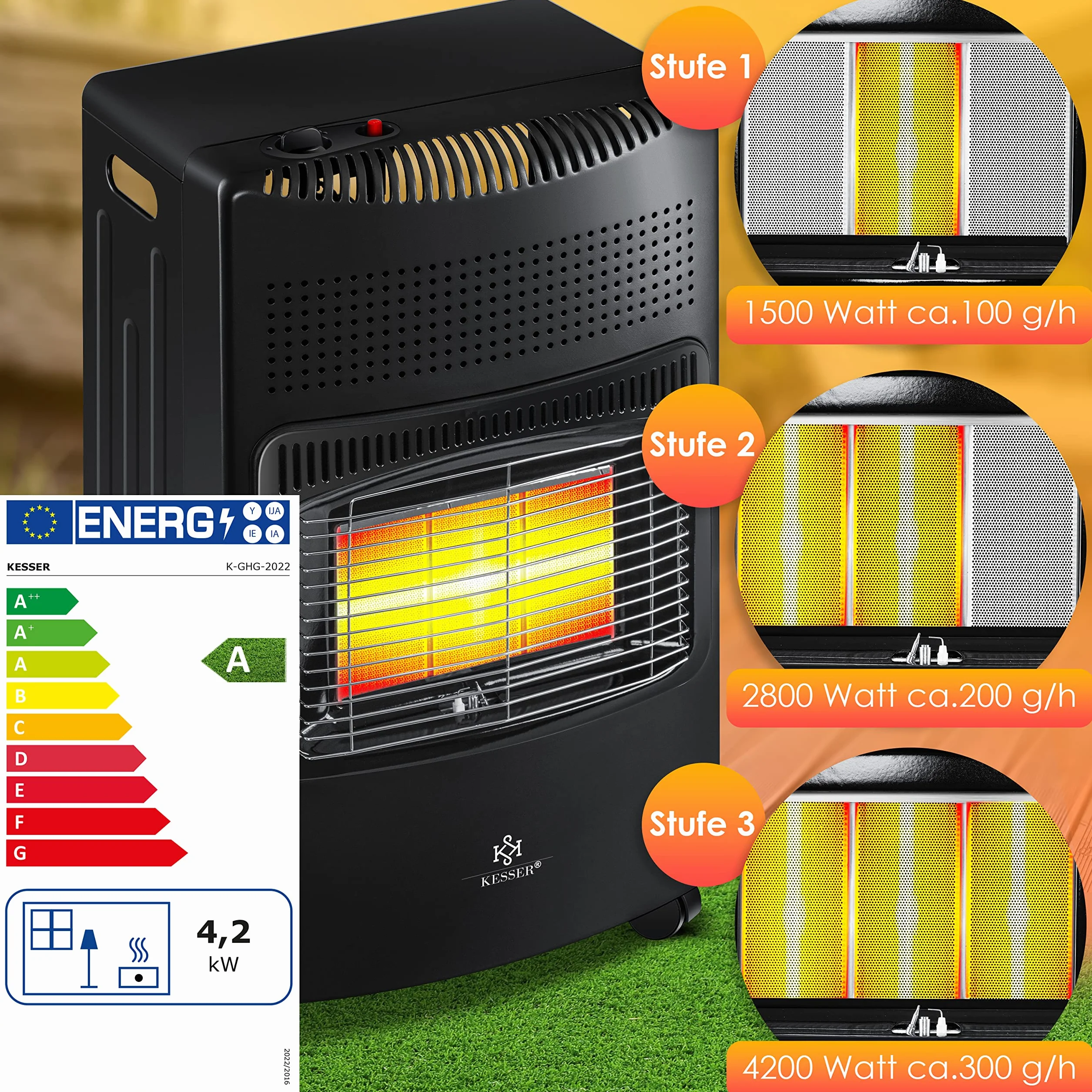 KESSER® El calentador cerámico de gas de 4200W, incl. regulador y manguera de gas, calentador con quemador cerámico de infrarrojos, bombonas hasta 15kg