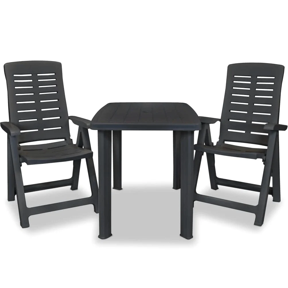 Set Mesa Y Sillas Jardin 3 Piezas Plastico Gris Antracita | Respaldo Reclinable 4 Posiciones, Plegable Ligero, Agujero Para Sombrilla, Max 110 Kg Por Asiento
