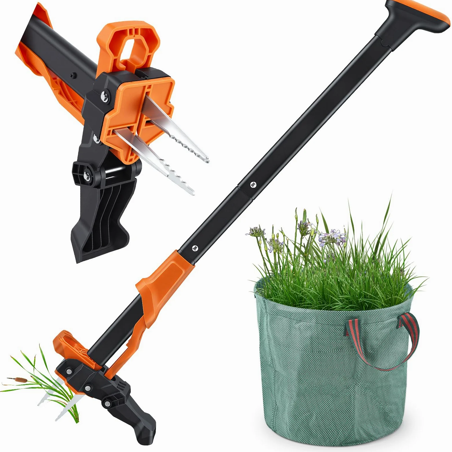 Desherbáceo manual y extractor de malezas con bolsa de jardín de 50 l, longitud 100 cm, 4 garras de raíz de acero en herramienta de deshierbe de mango largo para eliminar malezas