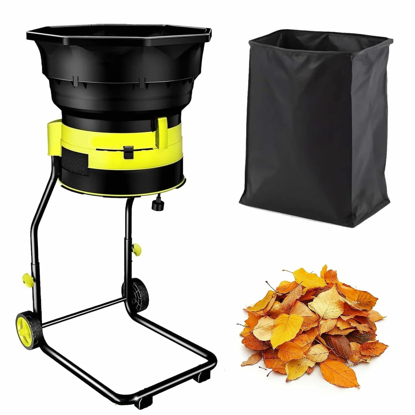 Trituradora eléctrica de hojas de jardín, trituradora de 2500 W para limpieza de patio, 8000 RPM con embudo de 54 cm, tamaño de corte ajustable, incluye rastrillo de hojas y bolsa de almacenamiento