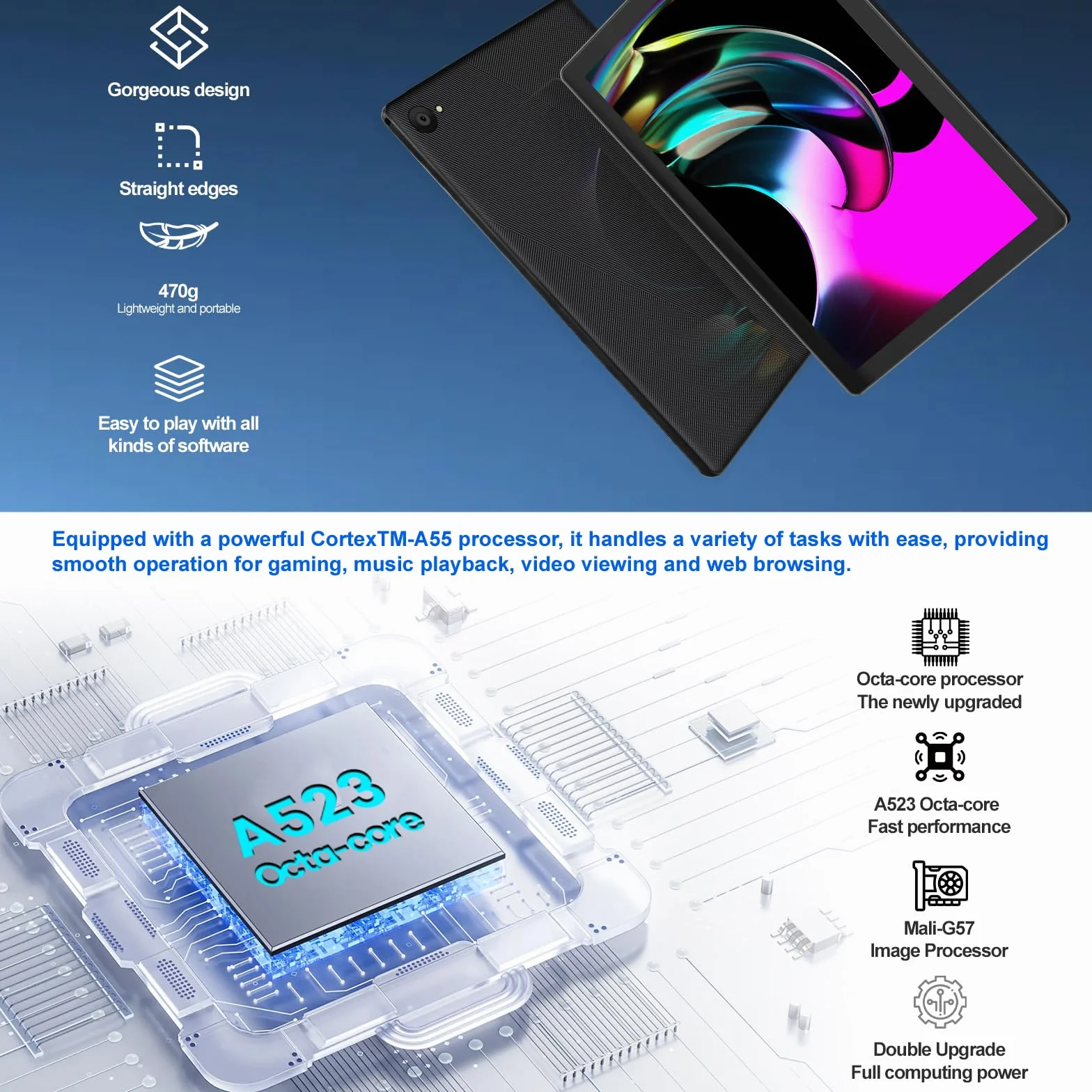 Whitedeer Tablet 10 Pulgadas Android 8GB RAM 64GB ROM Pantalla IPS HD 1280x800 Cámara Dual 8MP+5MP Batería 5000mAh WiFi 6 BT5.4 GMS Widevine L1 Face ID