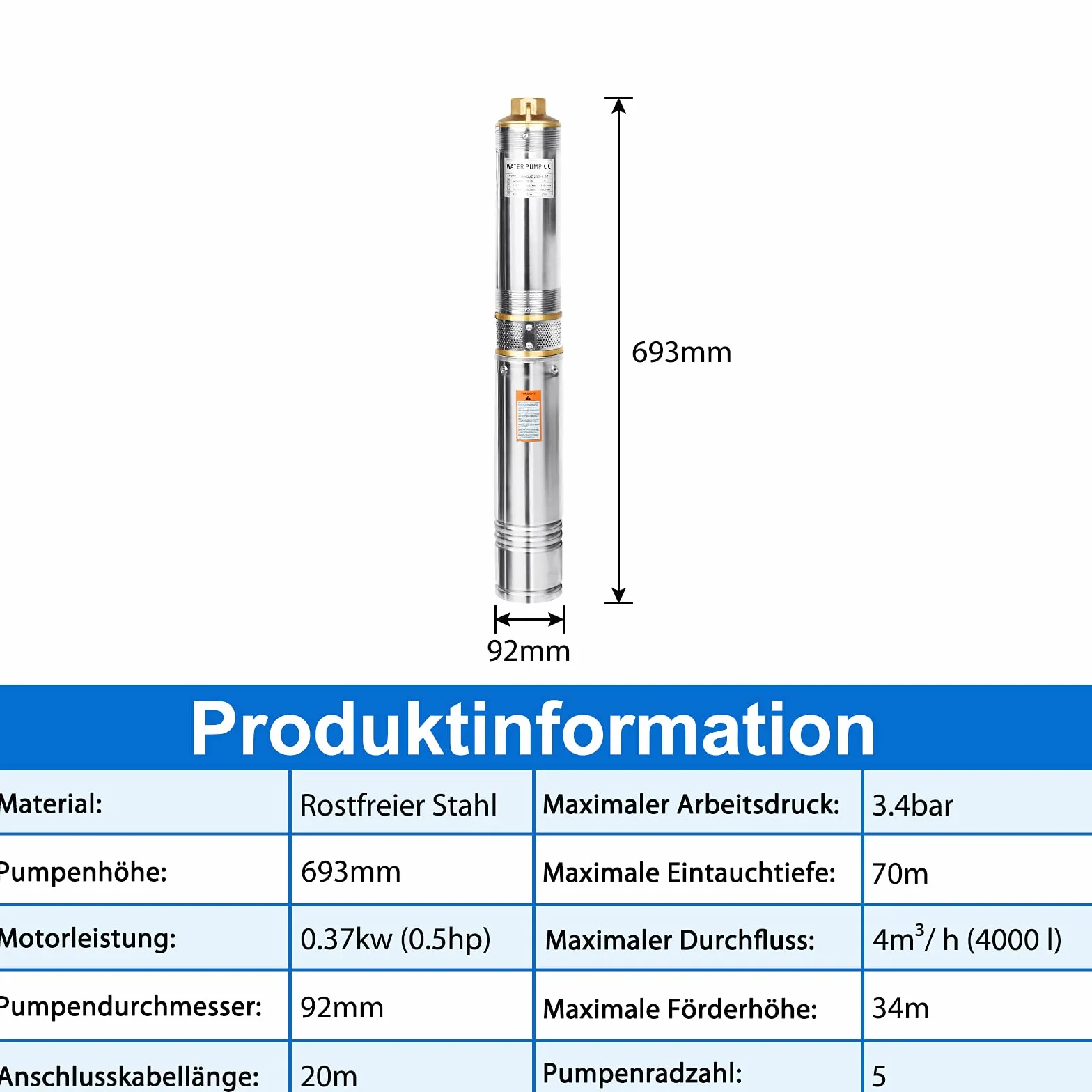 Froadp 4 pulgadas Bomba de Pozo Sumergible de Acero Inoxidable, 220V Bomba Eléctrica con 20m Conexión Cable y Caja de Control, 4000L/h Bombas Sumergibles para Fuentes Bodegas Estanques Jardín (370W)