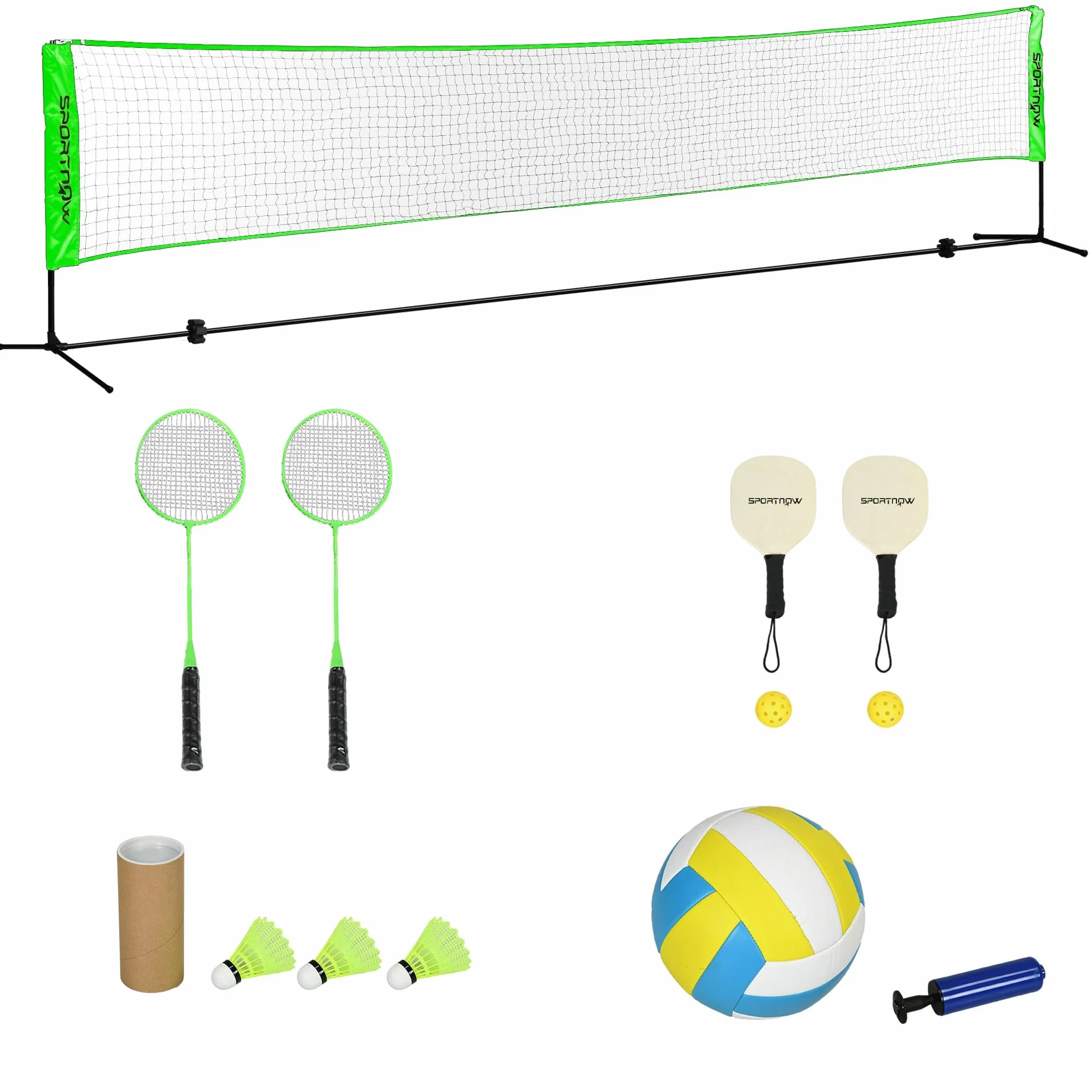 SPORTNOW Set de Bádminton 7 Piezas con 2 Raquetas, 3 Volantes, 2 Raquetas de Pickleball, 2 Pelotas y Red Negro y Verde