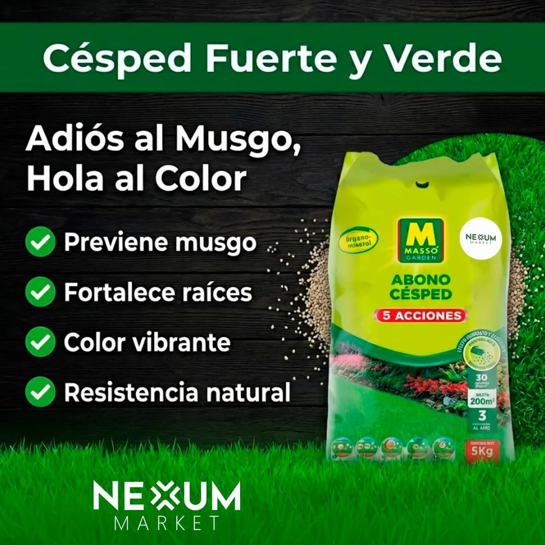 Abono Césped Granulado con 5 Acciones | Aplicación Directa a Mano de Liberación Lenta | Revitaliza y Mantiene Césped | Anti-Musgo, Reverdecedor y Fertilizante | Nexum Market (6 KG)